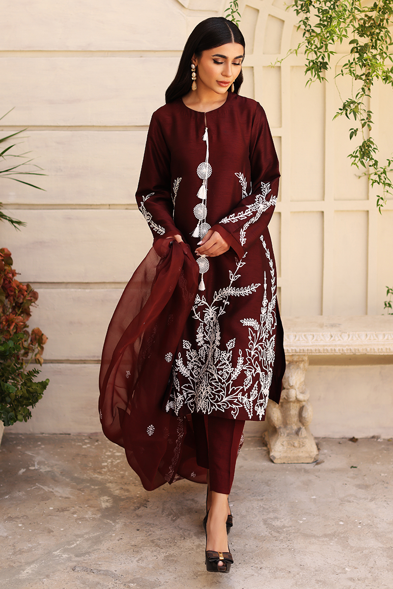 Burgundy Embroidered Korean Silk Salwar Kameez (3-Piece) - Image 6