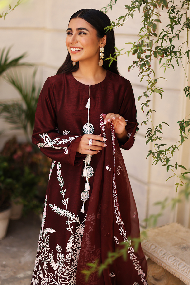Burgundy Embroidered Korean Silk Salwar Kameez (3-Piece) - Image 7