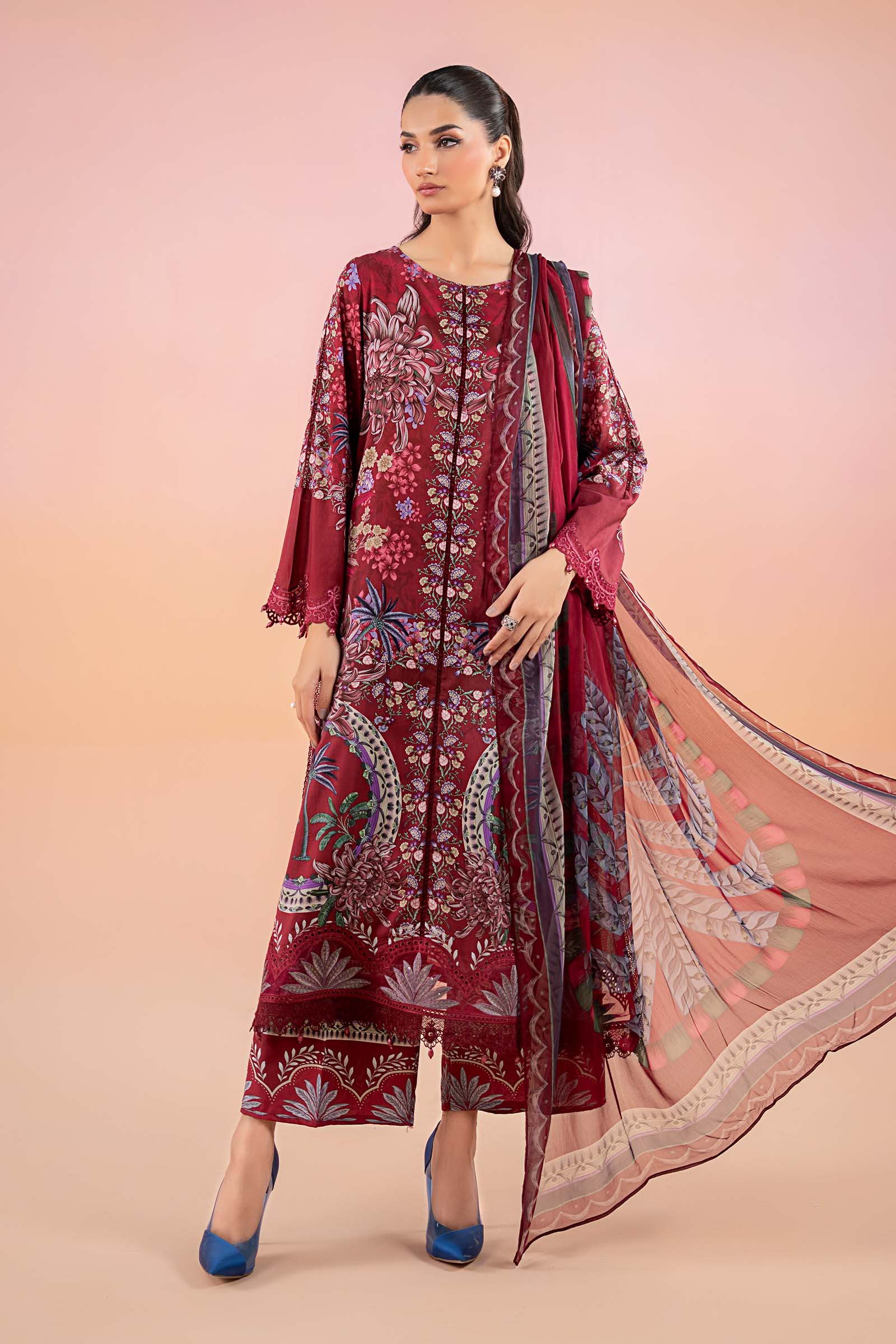 Pakistani Maroon Embroidered Lawn Salwar Kameez (3-Piece) - Image 1