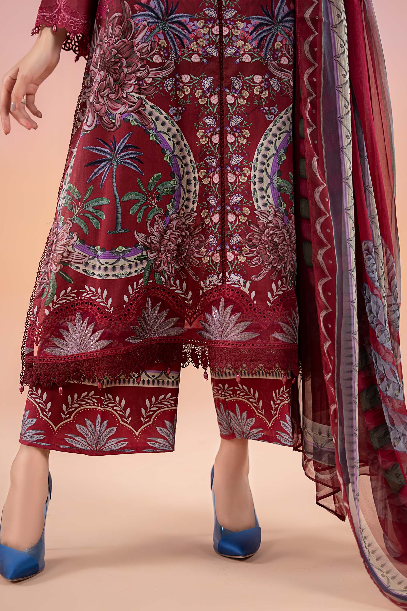 Pakistani Maroon Embroidered Lawn Salwar Kameez (3-Piece) - Image 6