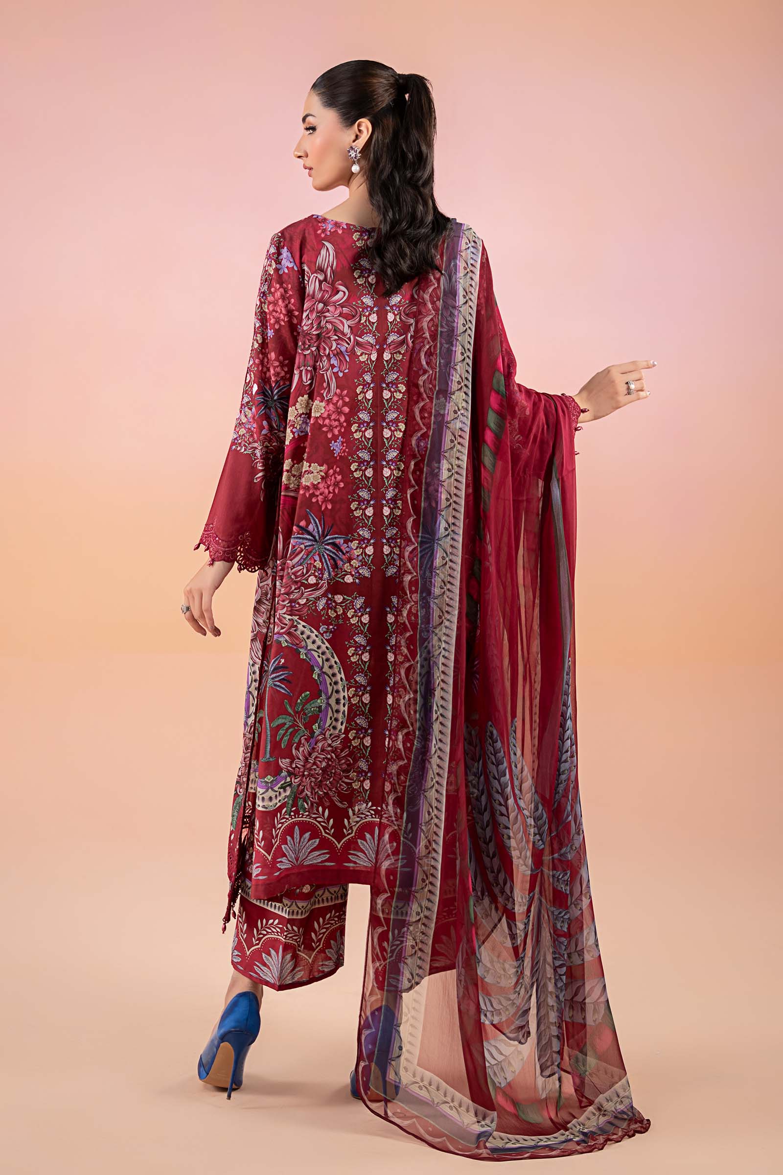 Pakistani Maroon Embroidered Lawn Salwar Kameez (3-Piece) - Image 8