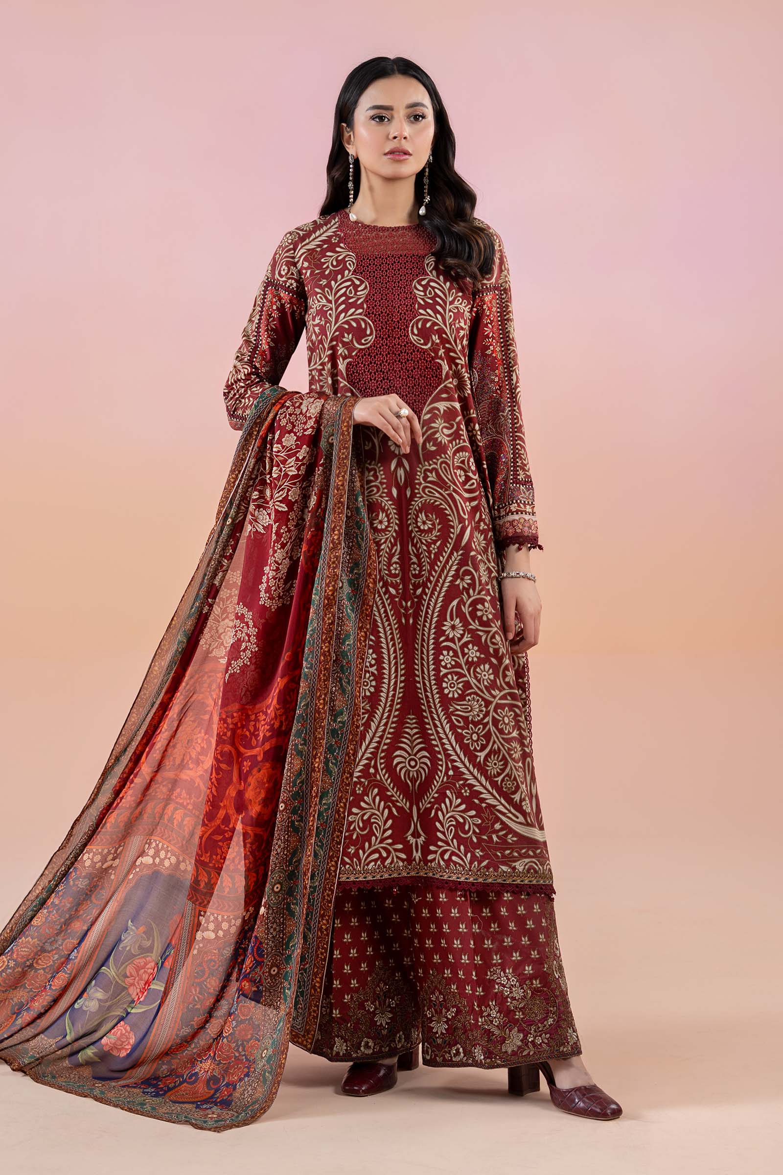 Maroon Embroidered Lawn & Cambric 3-Piece Suit - Image 1