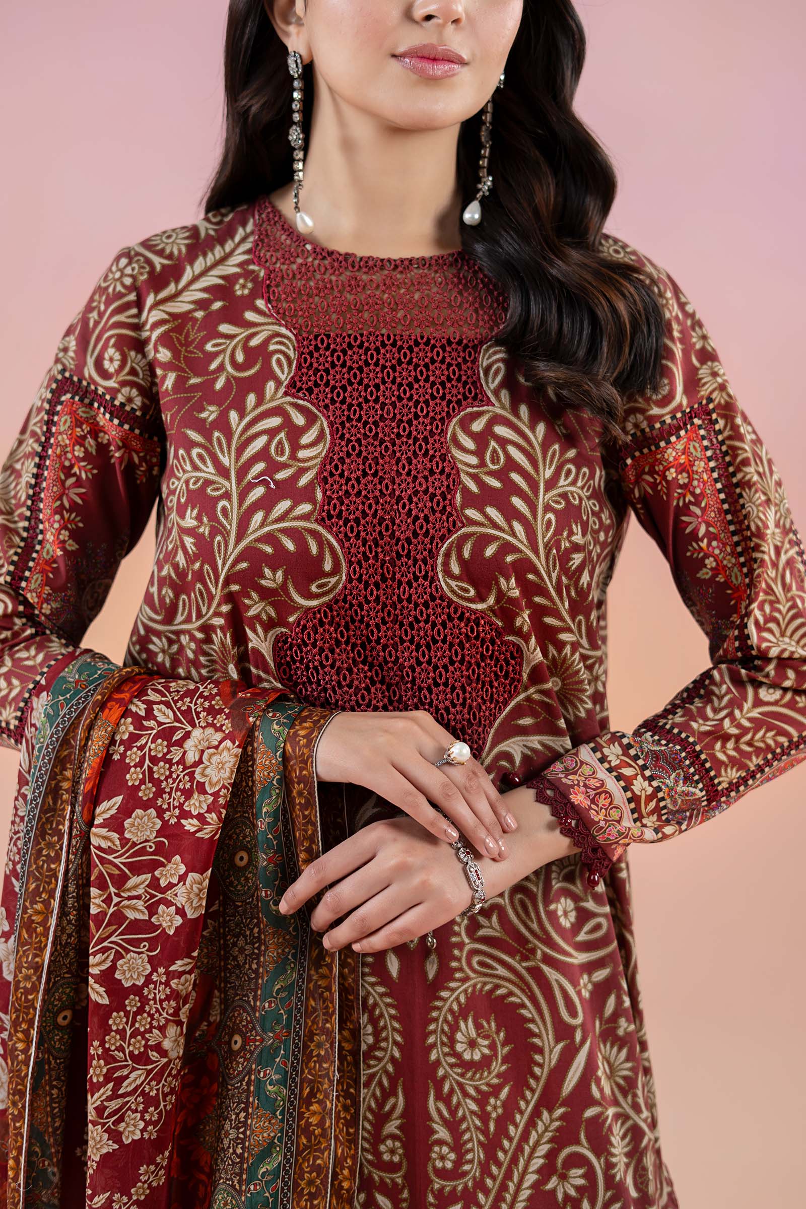 Maroon Embroidered Lawn & Cambric 3-Piece Suit - Image 3