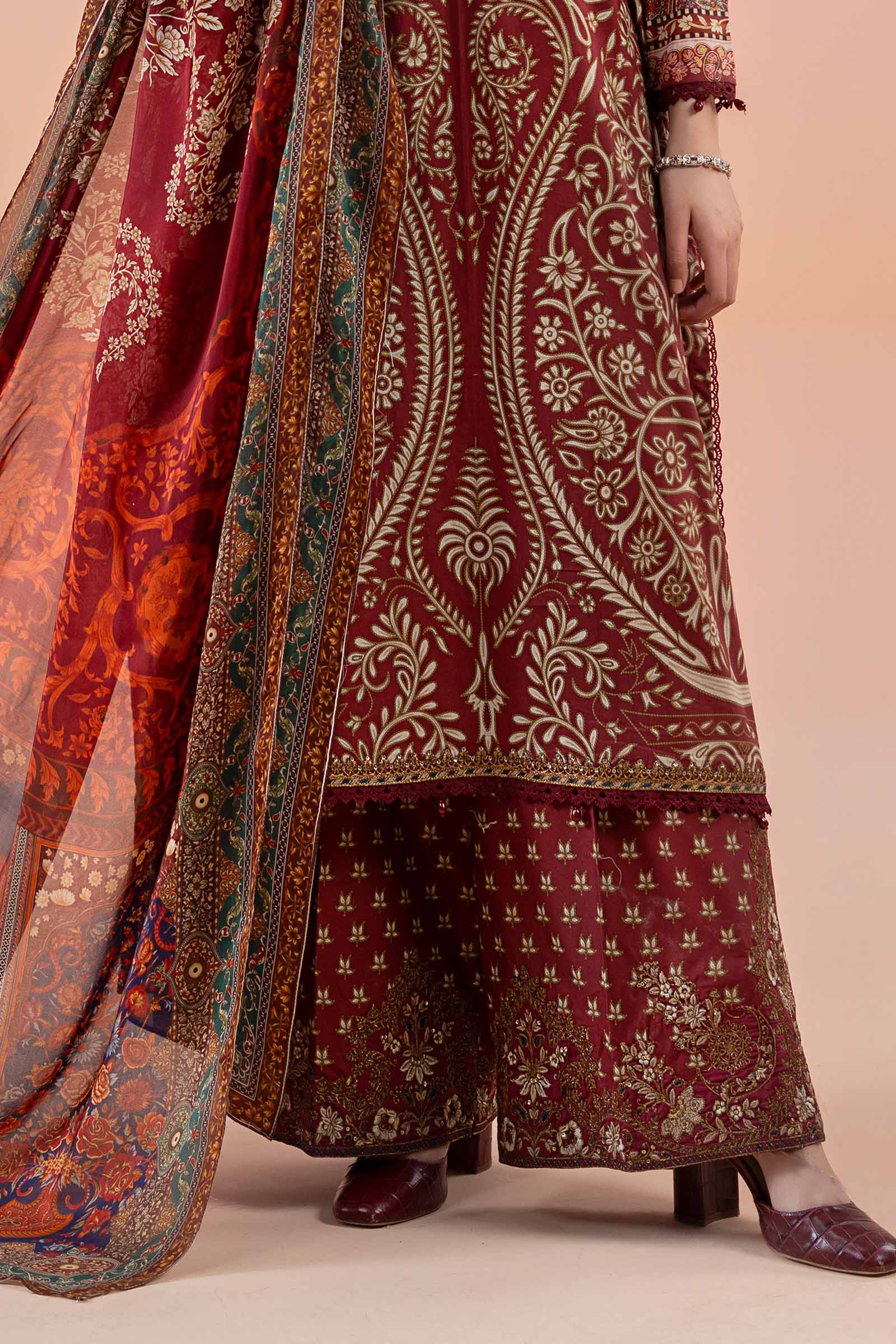 Maroon Embroidered Lawn & Cambric 3-Piece Suit - Image 4