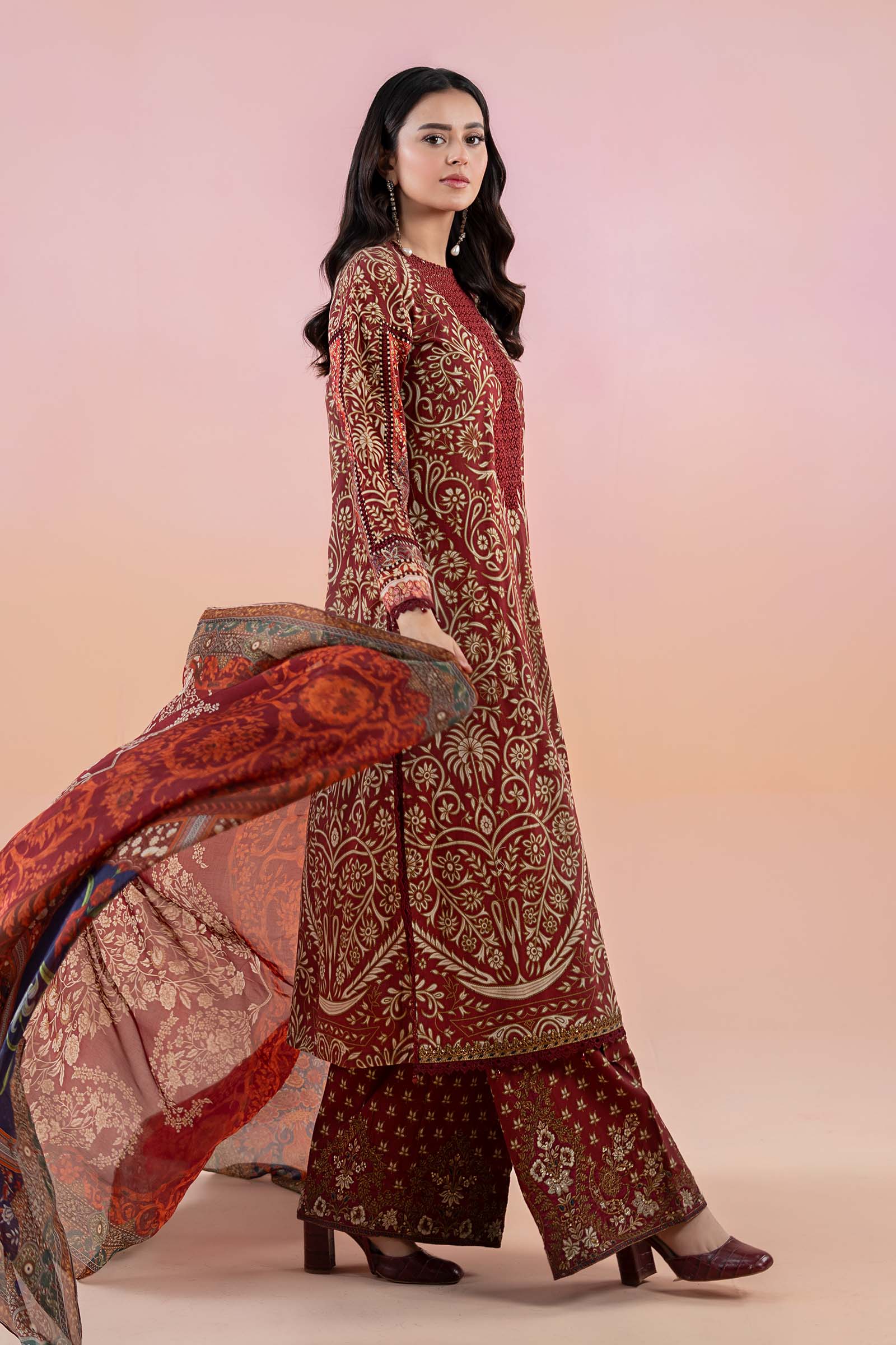 Maroon Embroidered Lawn & Cambric 3-Piece Suit - Image 5