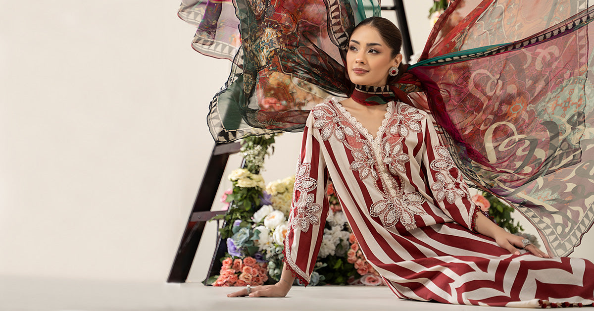 Pakistani White & Maroon Embroidered Lawn 3-Piece Suit - Image 10