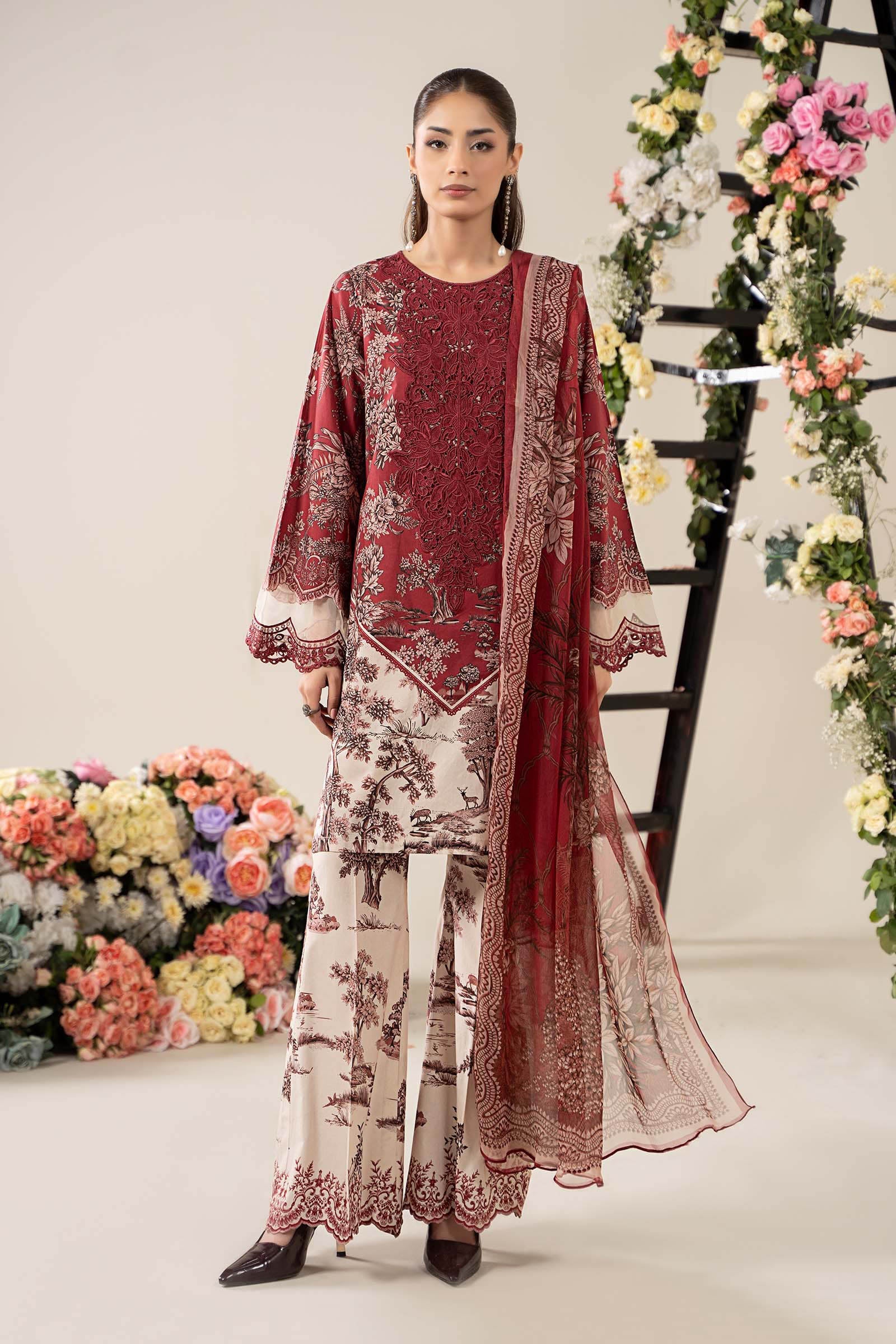 Pakistani Off-White & Maroon Embroidered Lawn 3-Piece Suit - Image 1
