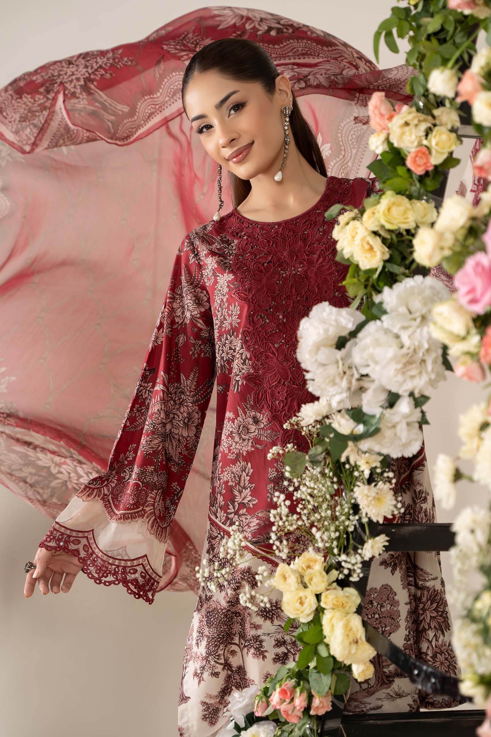 Pakistani Off-White & Maroon Embroidered Lawn 3-Piece Suit - Image 4