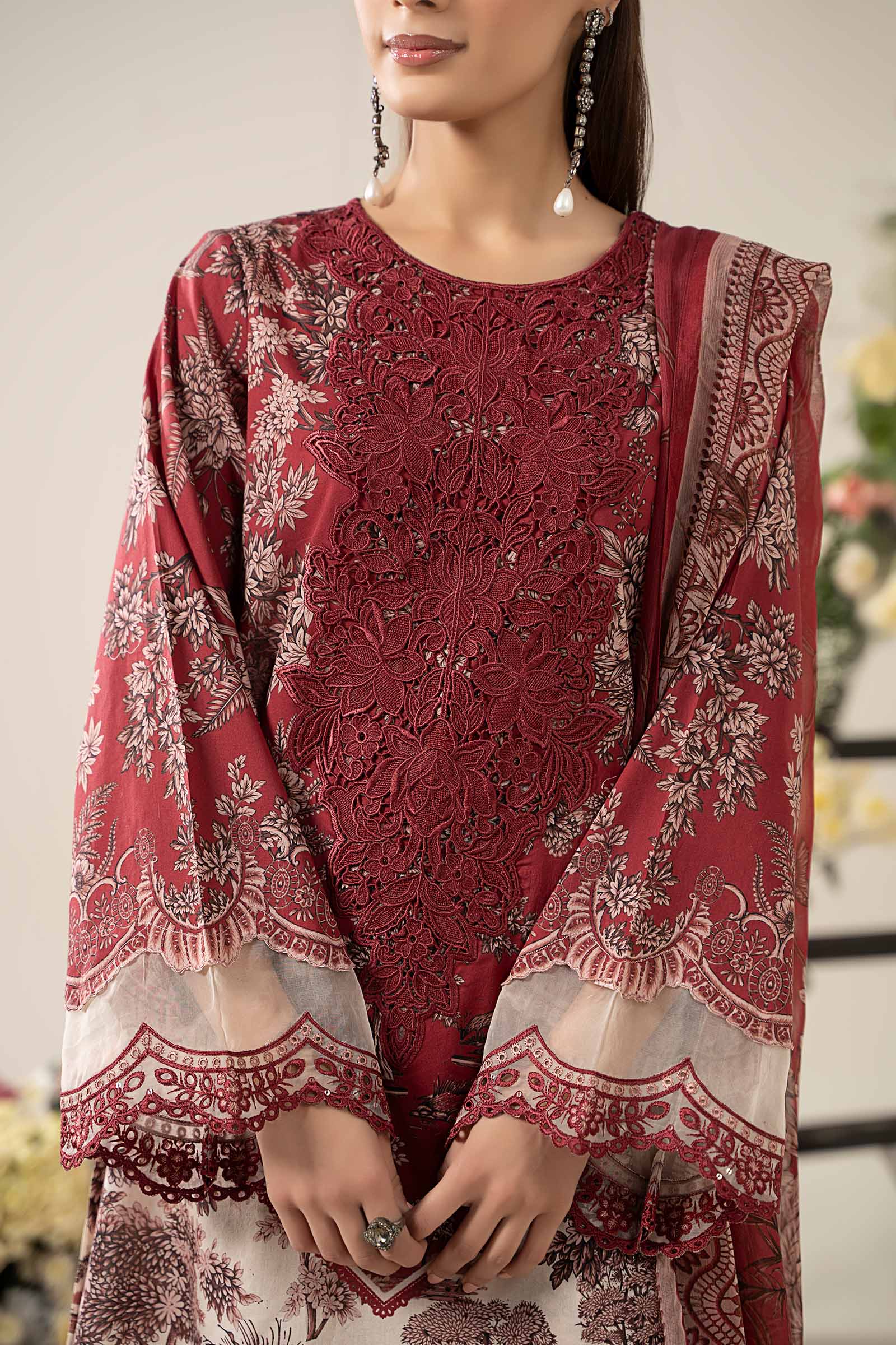 Pakistani Off-White & Maroon Embroidered Lawn 3-Piece Suit - Image 6