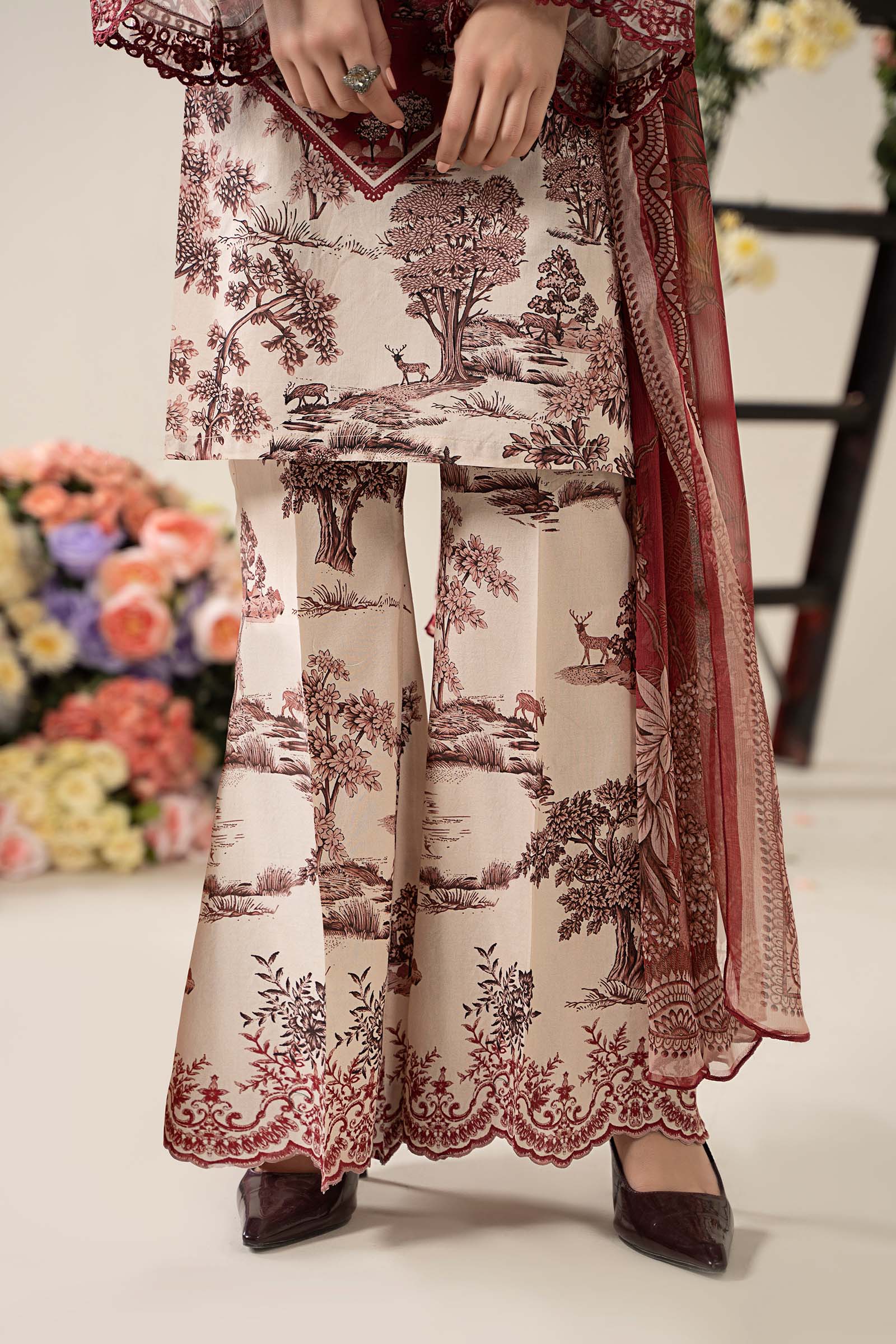 Pakistani Off-White & Maroon Embroidered Lawn 3-Piece Suit - Image 7