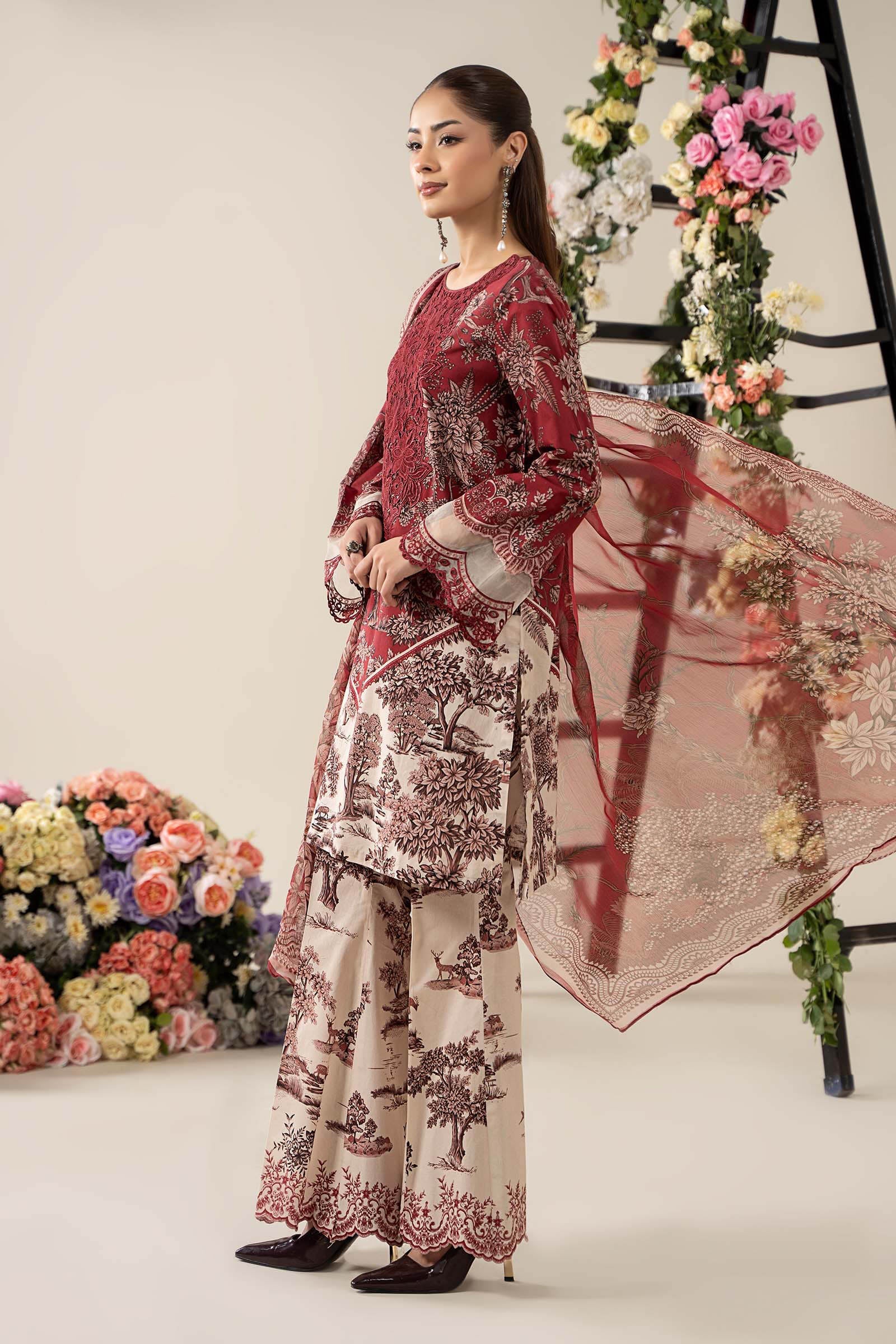 Pakistani Off-White & Maroon Embroidered Lawn 3-Piece Suit - Image 8