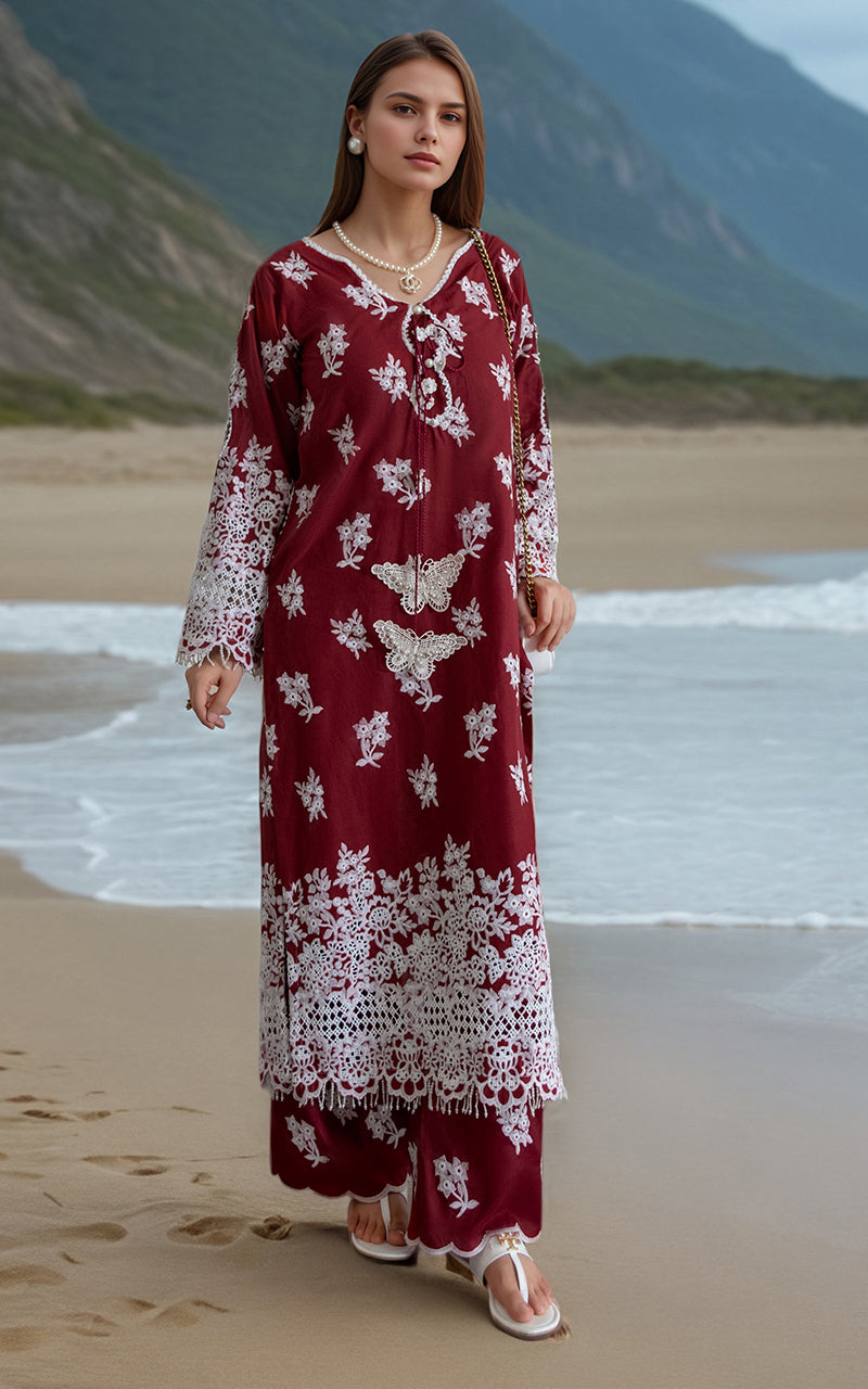 Pakistani Deep Maroon Embroidered Lawn 2-Piece Suit - Image 1