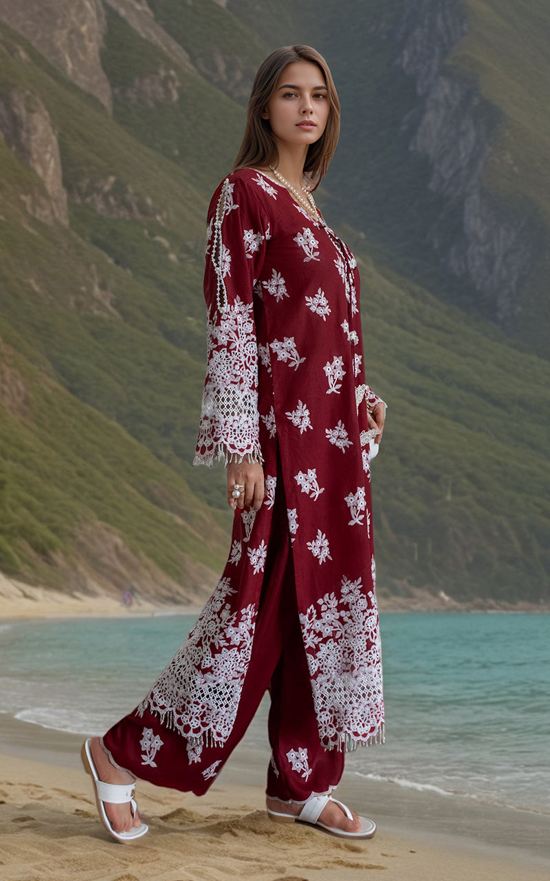 Pakistani Deep Maroon Embroidered Lawn 2-Piece Suit - Image 2