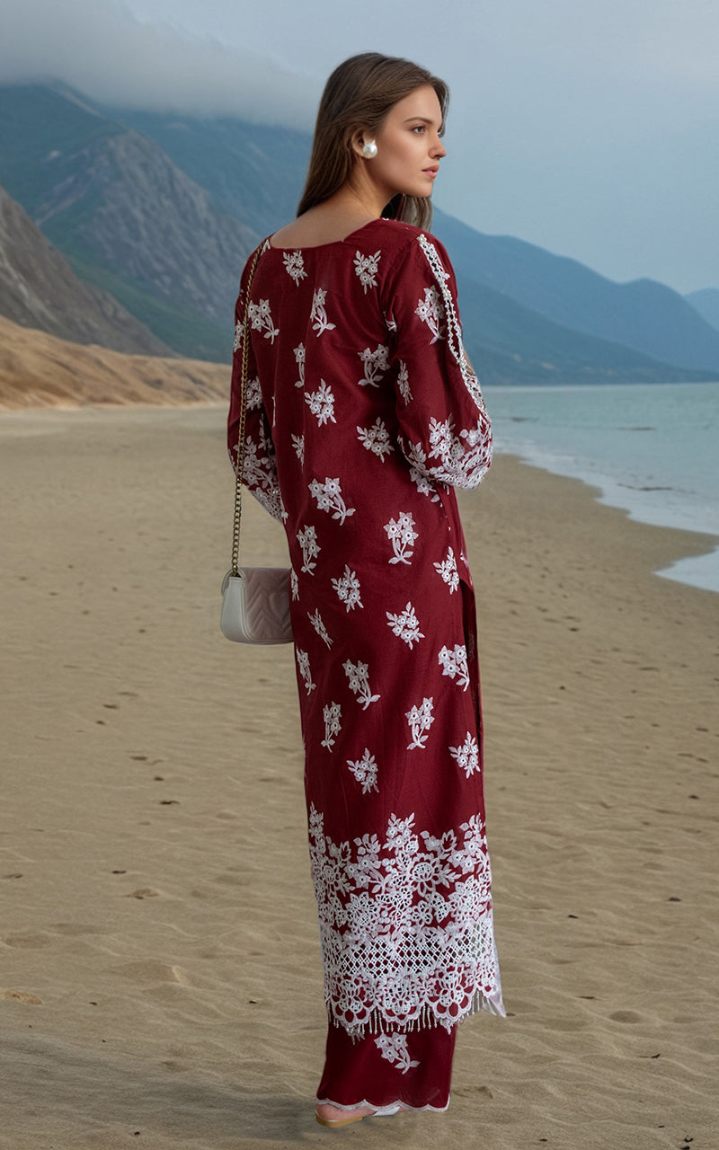 Pakistani Deep Maroon Embroidered Lawn 2-Piece Suit - Image 3