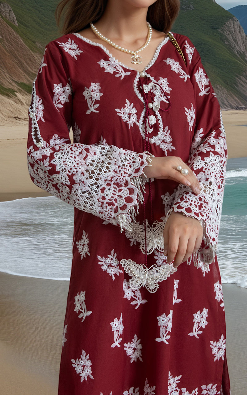 Pakistani Deep Maroon Embroidered Lawn 2-Piece Suit - Image 4