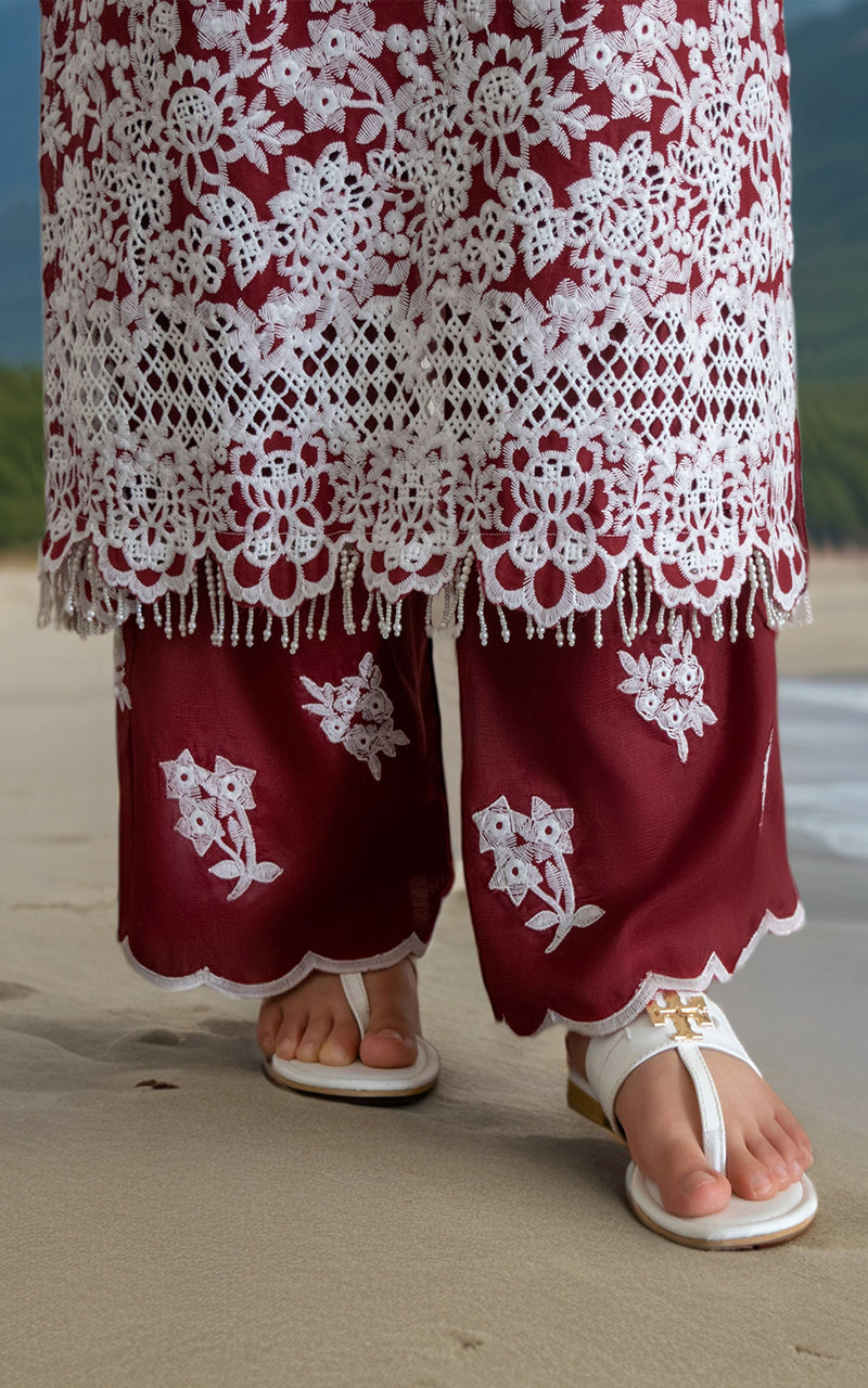 Pakistani Deep Maroon Embroidered Lawn 2-Piece Suit - Image 5