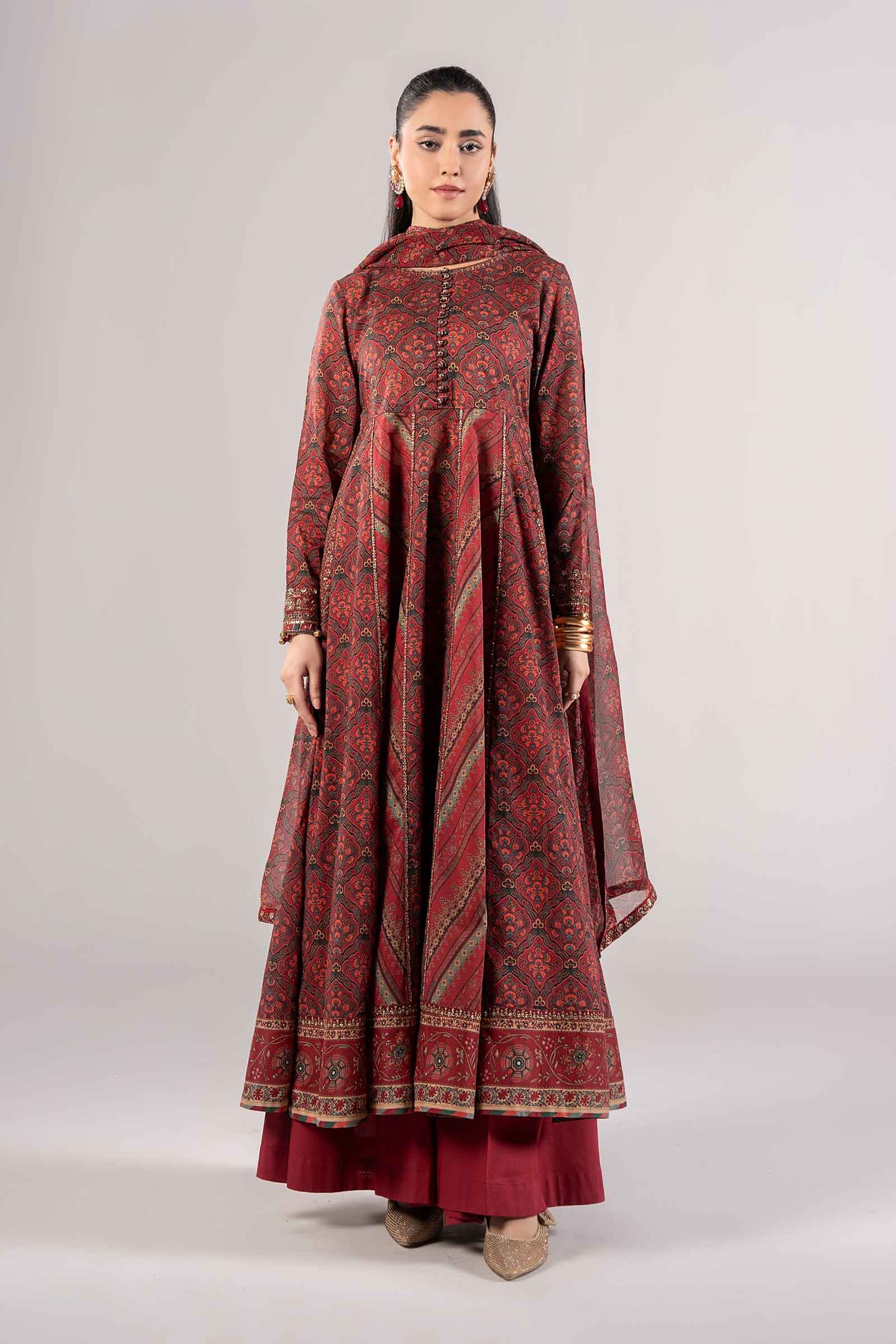 Maroon Embroidered Lawn A-Line Salwar Kameez (3-Piece) - Image 1