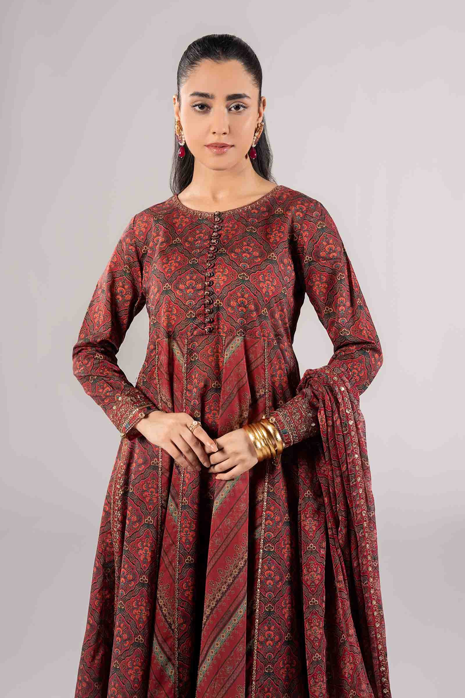 Maroon Embroidered Lawn A-Line Salwar Kameez (3-Piece) - Image 2