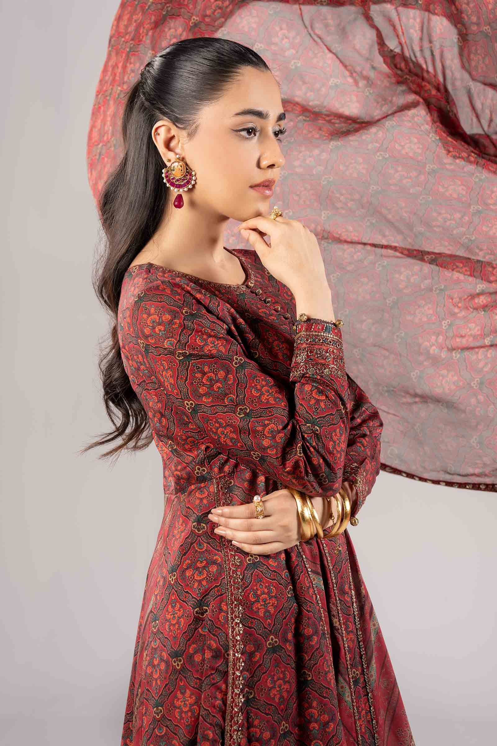 Maroon Embroidered Lawn A-Line Salwar Kameez (3-Piece) - Image 3