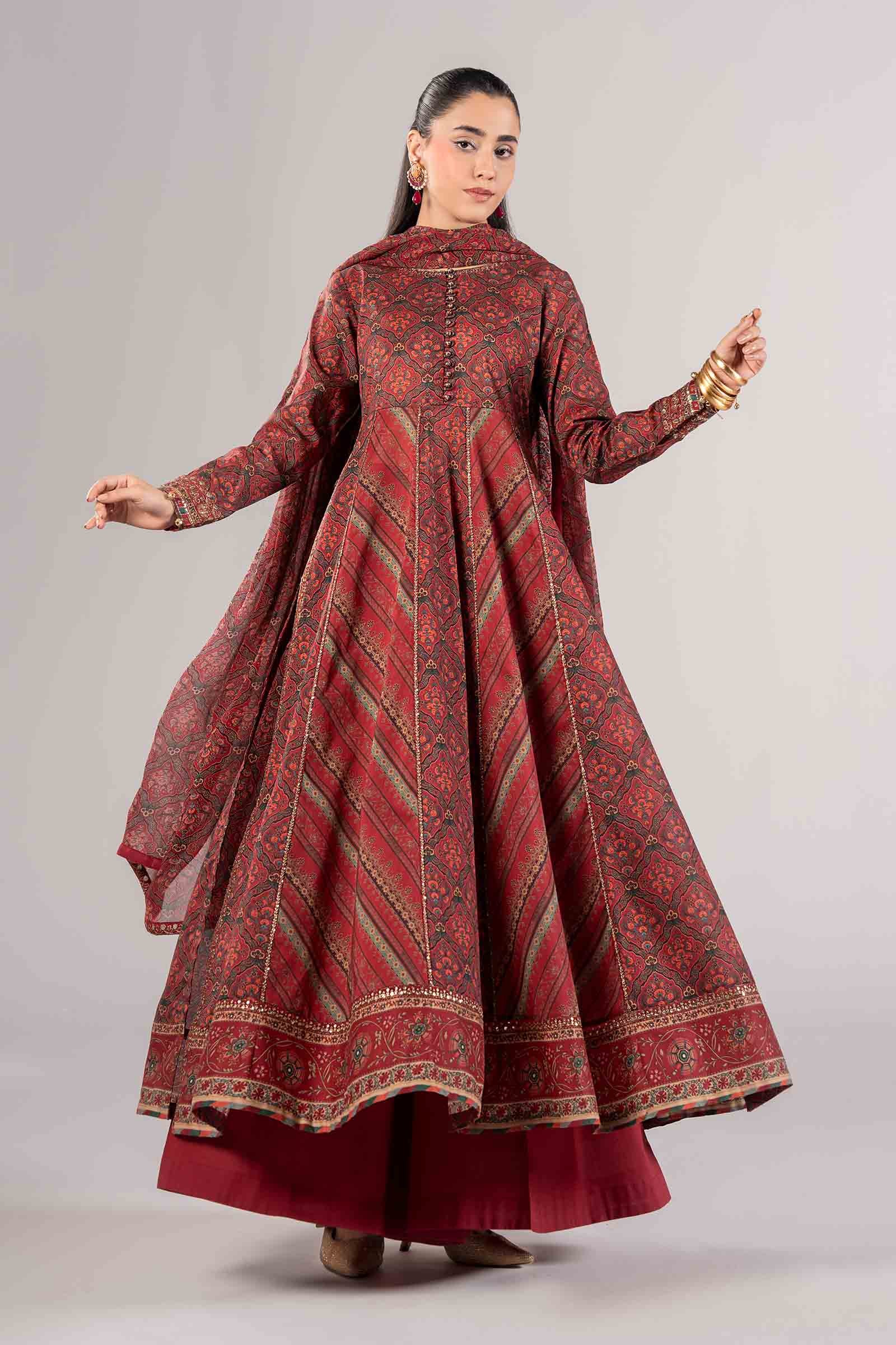 Maroon Embroidered Lawn A-Line Salwar Kameez (3-Piece) - Image 4