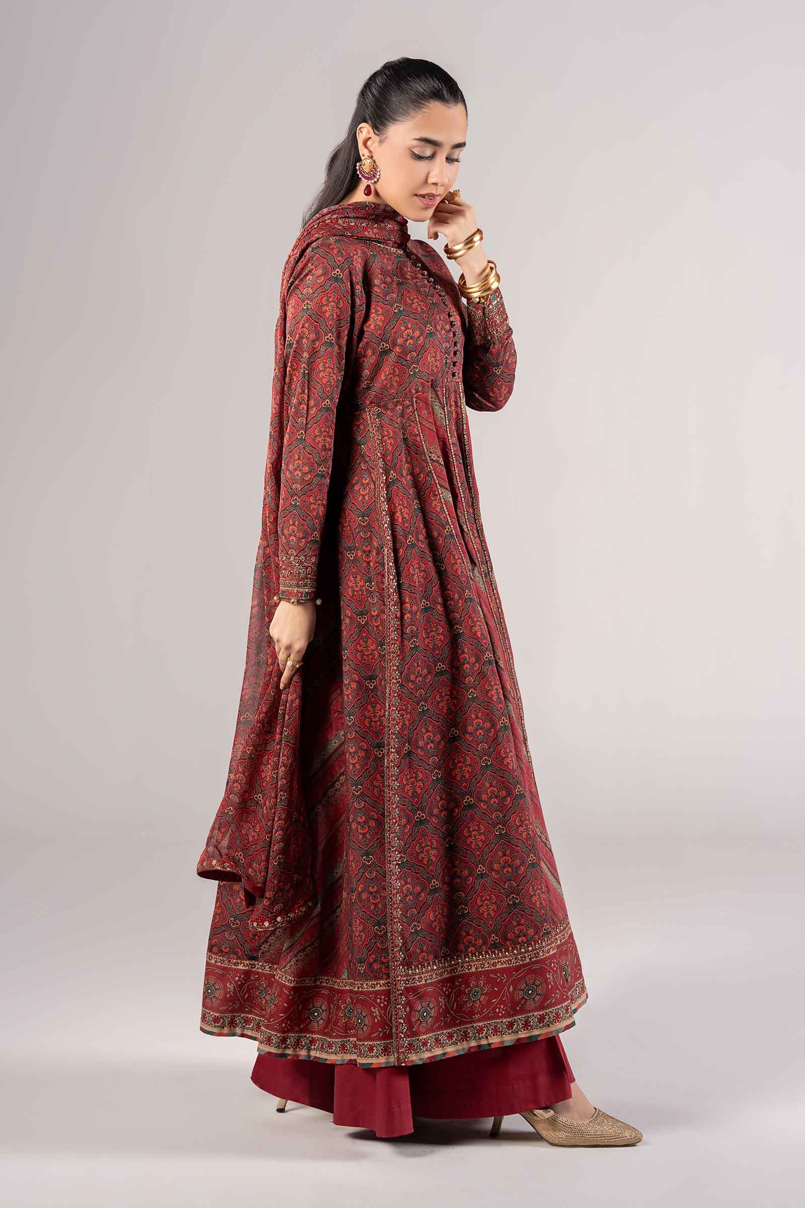 Maroon Embroidered Lawn A-Line Salwar Kameez (3-Piece) - Image 5