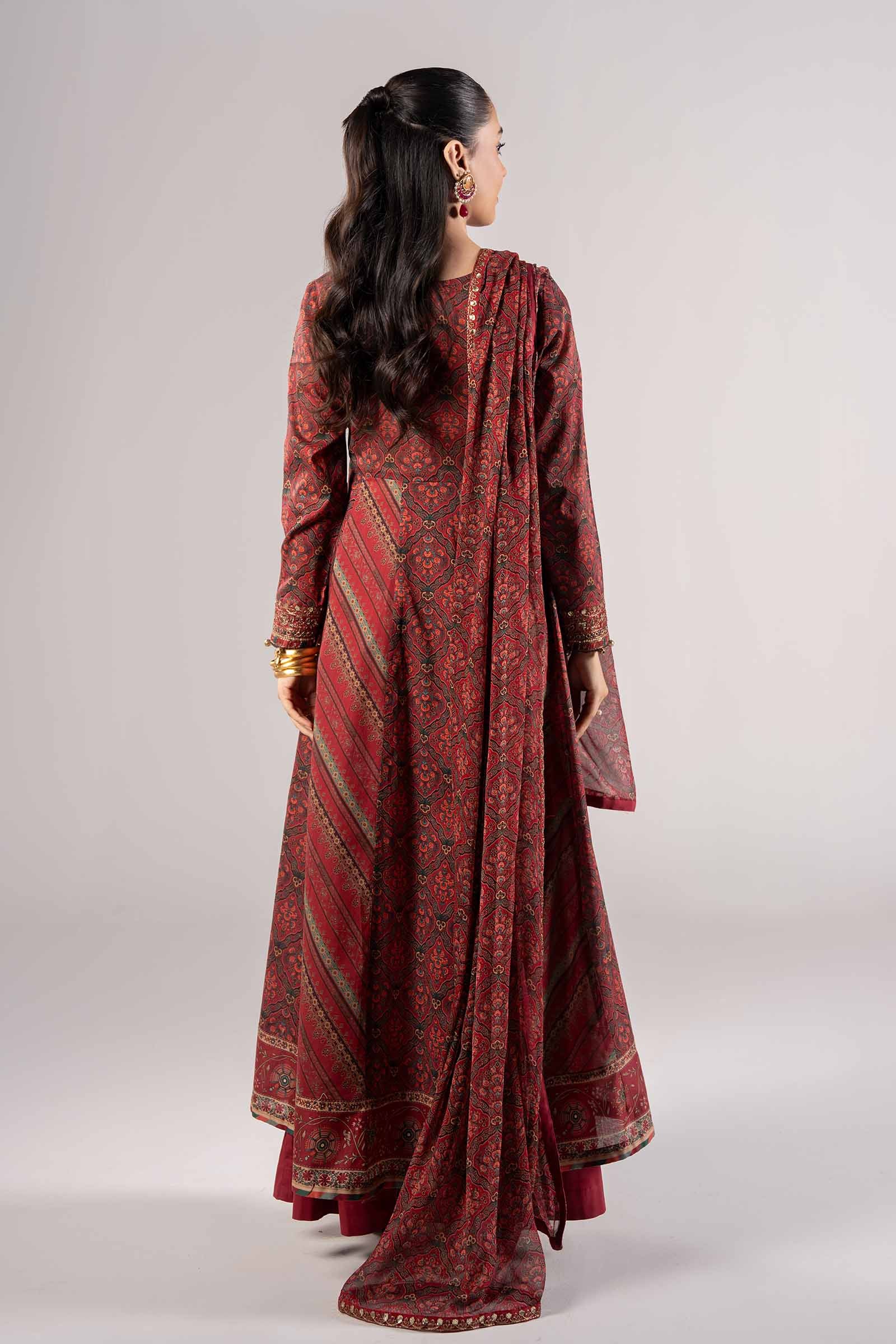 Maroon Embroidered Lawn A-Line Salwar Kameez (3-Piece) - Image 6
