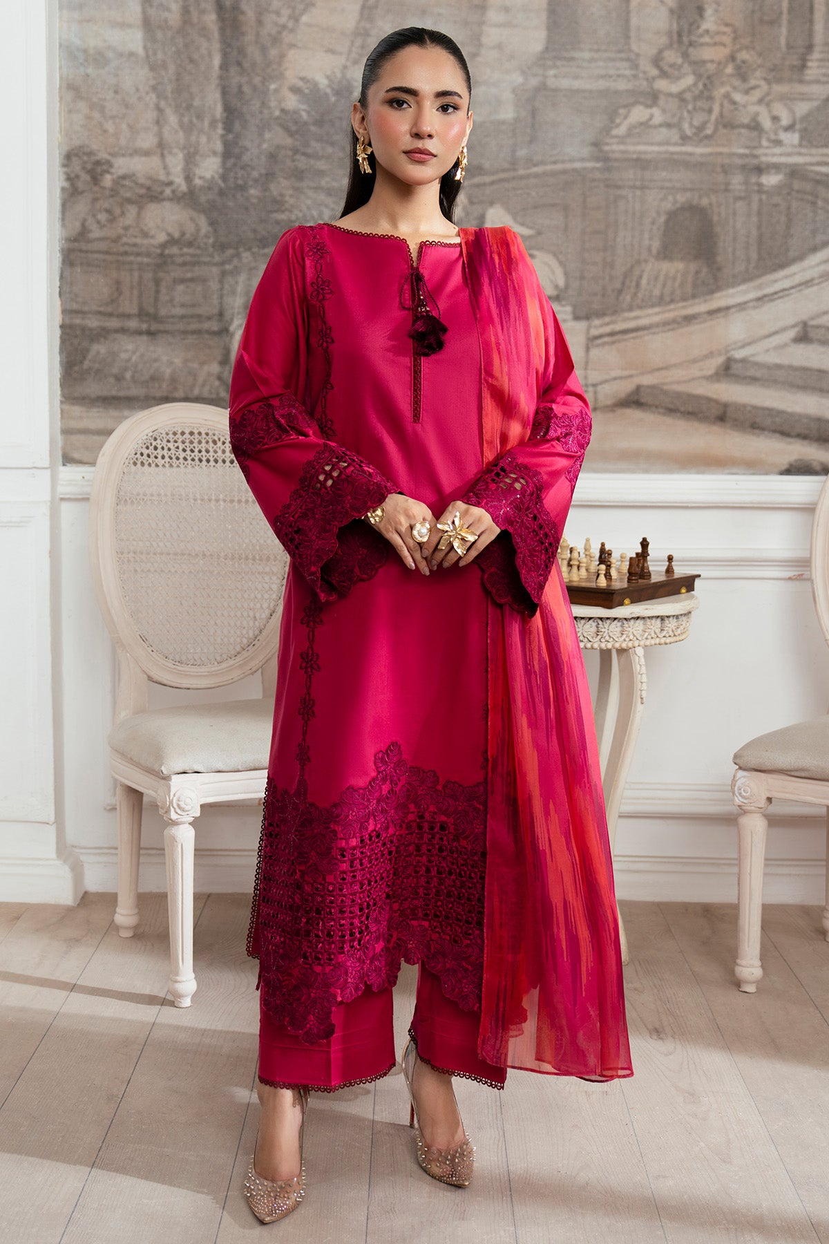 Pakistani Maroon Embroidered Lawn Salwar Kameez (3-Piece) - Image 1