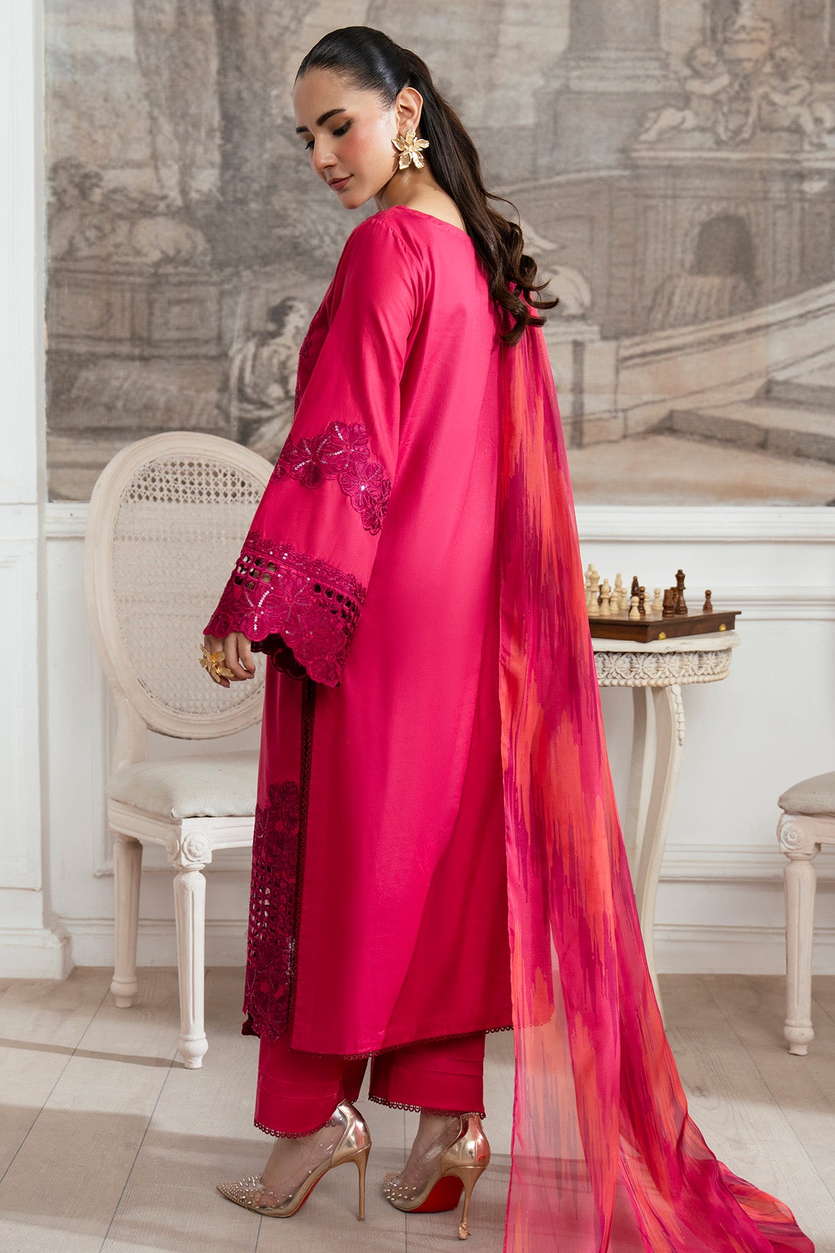 Pakistani Maroon Embroidered Lawn Salwar Kameez (3-Piece) - Image 3