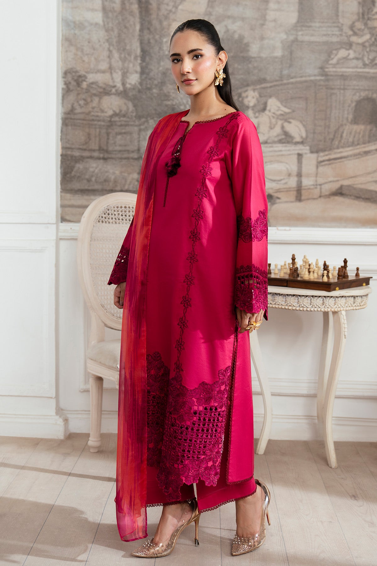 Pakistani Maroon Embroidered Lawn Salwar Kameez (3-Piece) - Image 4