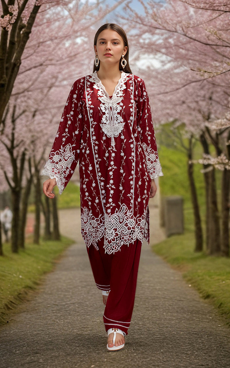 Deep Maroon Embroidered Lawn 2-Piece Suit - Image 1