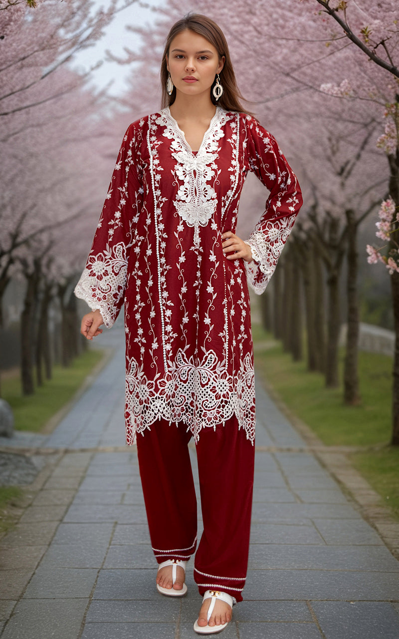 Deep Maroon Embroidered Lawn 2-Piece Suit - Image 2