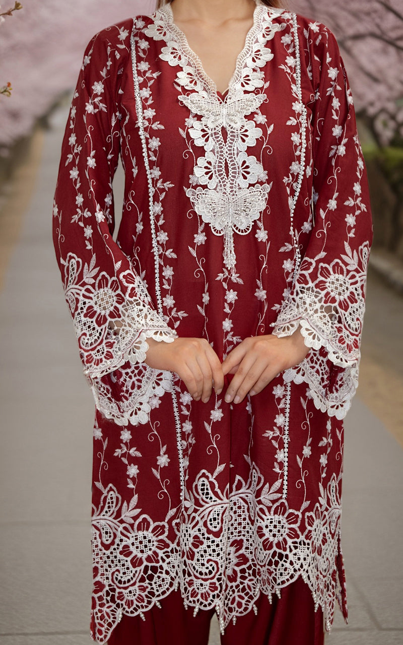 Deep Maroon Embroidered Lawn 2-Piece Suit - Image 3