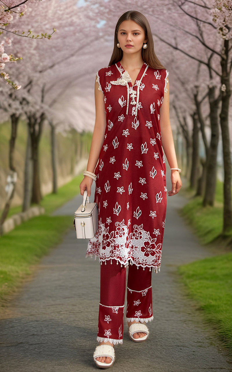 Pakistani Maroon Embroidered Lawn & Silk 2-Piece Suit - Image 1