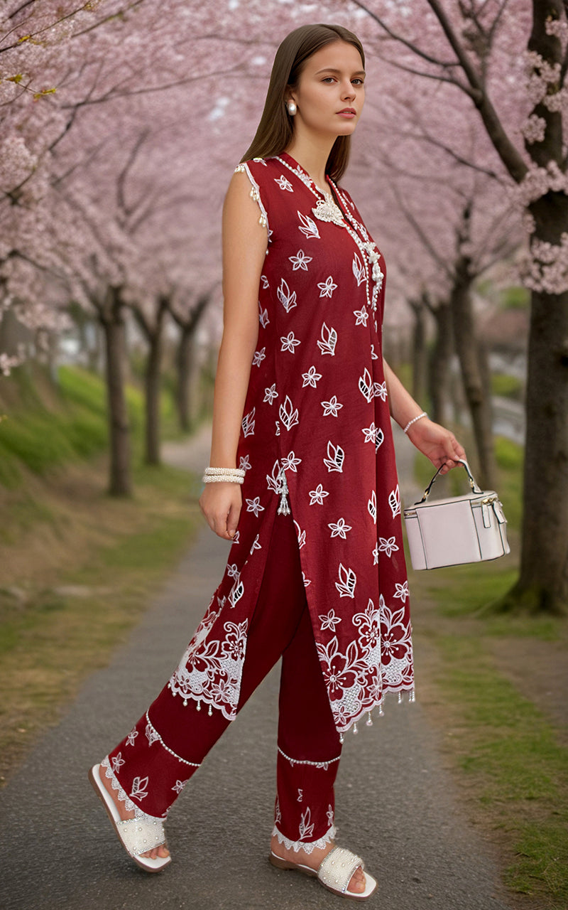 Pakistani Maroon Embroidered Lawn & Silk 2-Piece Suit - Image 2