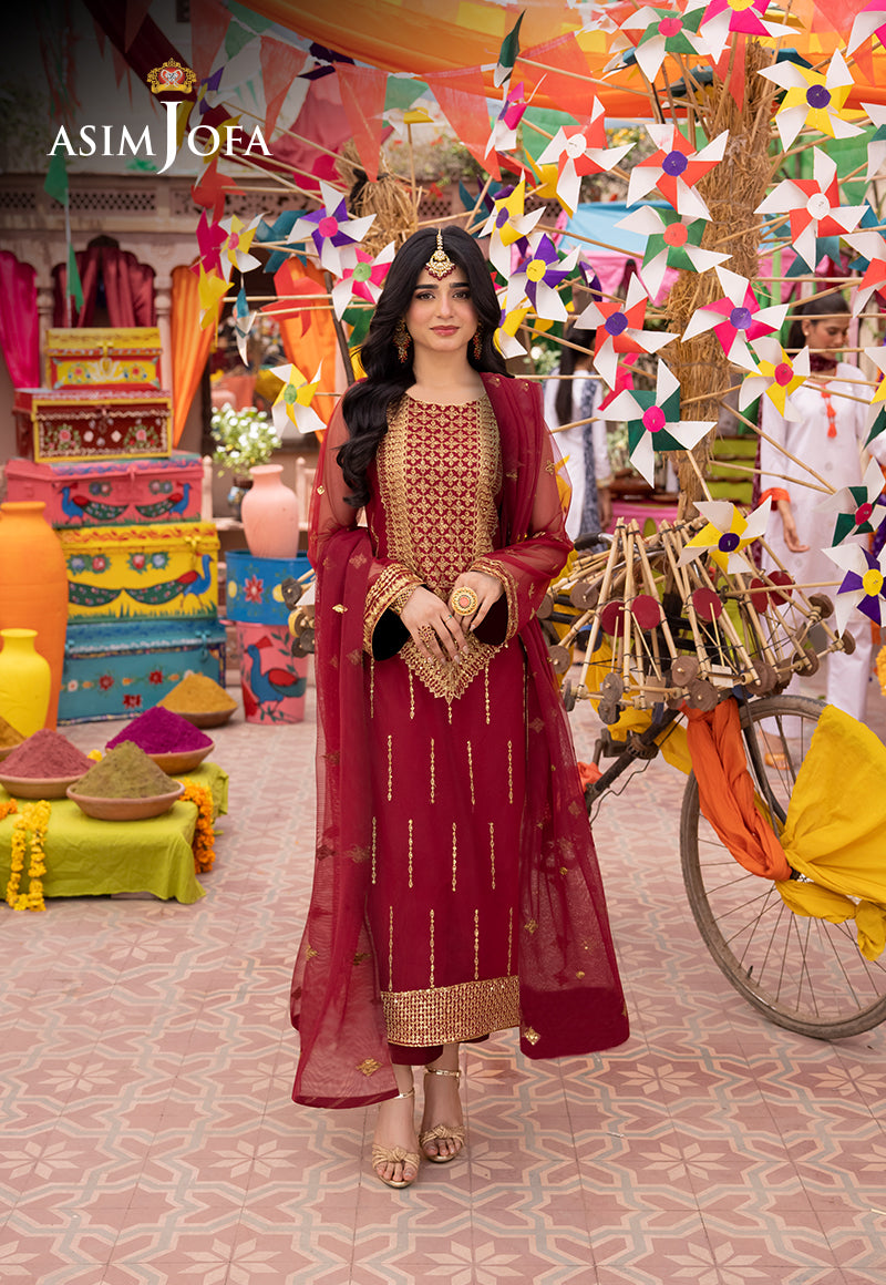 Pakistani Maroon Embroidered Net & Boski Silk Suit (3-Piece) - Image 1