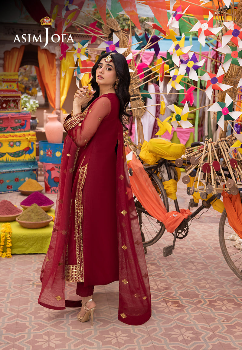 Pakistani Maroon Embroidered Net & Boski Silk Suit (3-Piece) - Image 2
