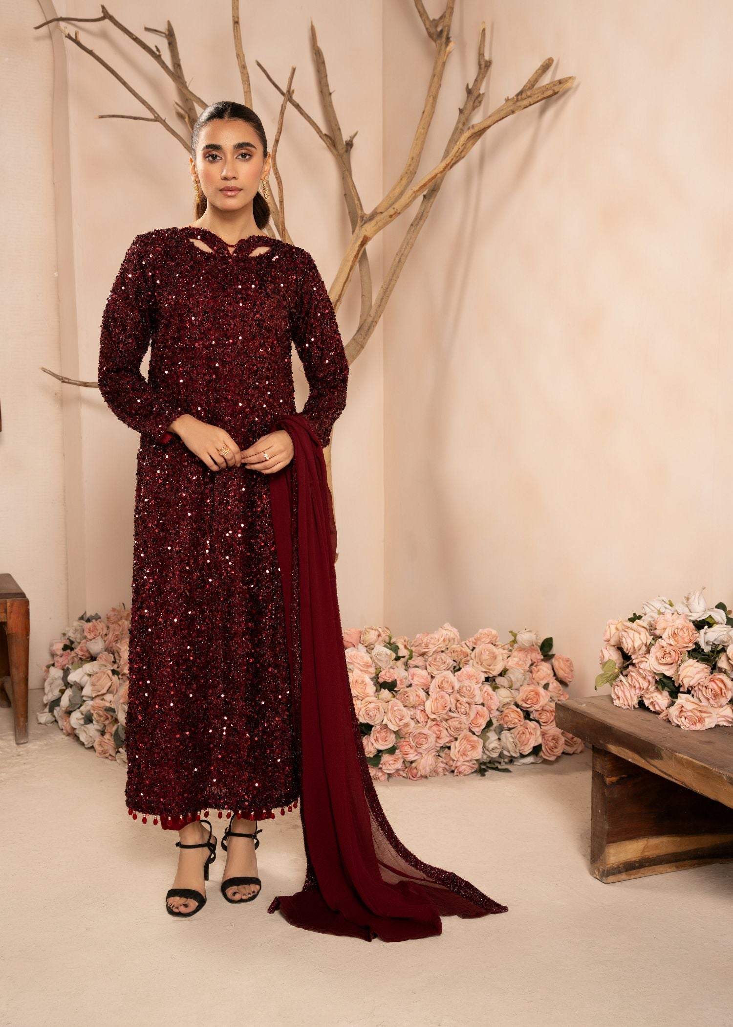Pakistani Maroon Sequin Embroidered Net Kurta Set (3-Piece) - Image 1