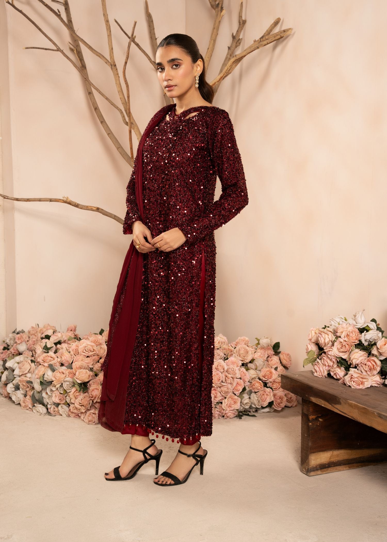 Pakistani Maroon Sequin Embroidered Net Kurta Set (3-Piece) - Image 2