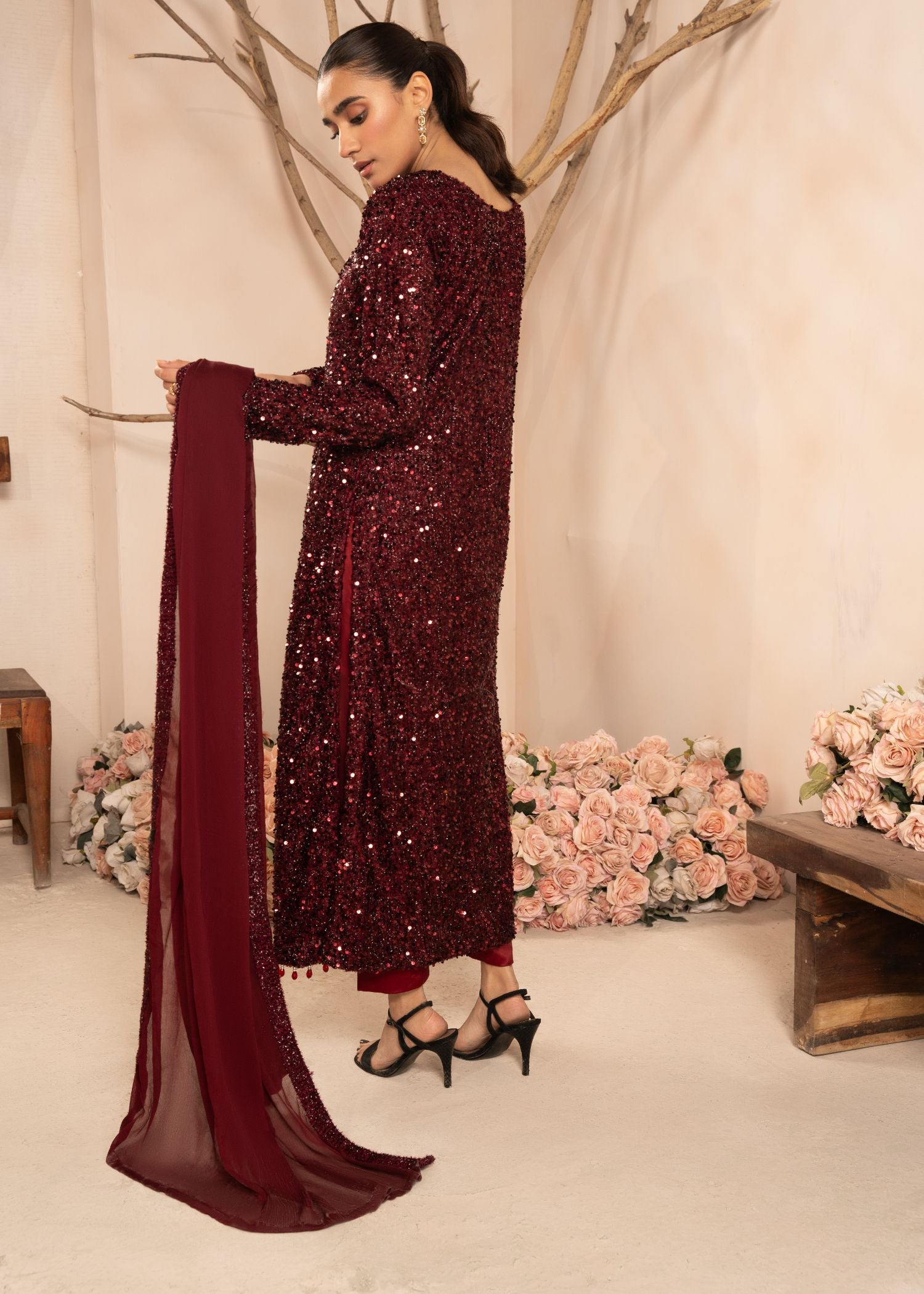 Pakistani Maroon Sequin Embroidered Net Kurta Set (3-Piece) - Image 3