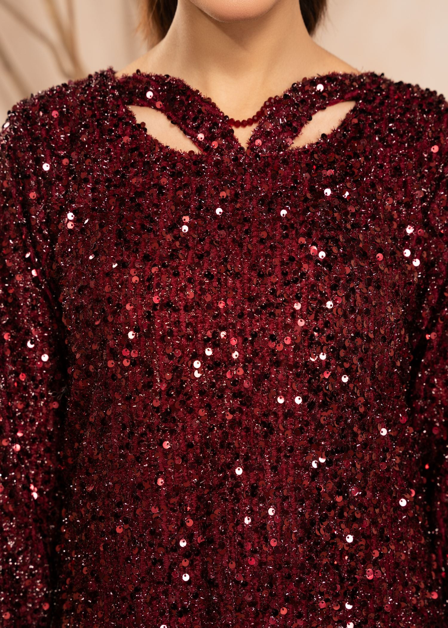 Pakistani Maroon Sequin Embroidered Net Kurta Set (3-Piece) - Image 4
