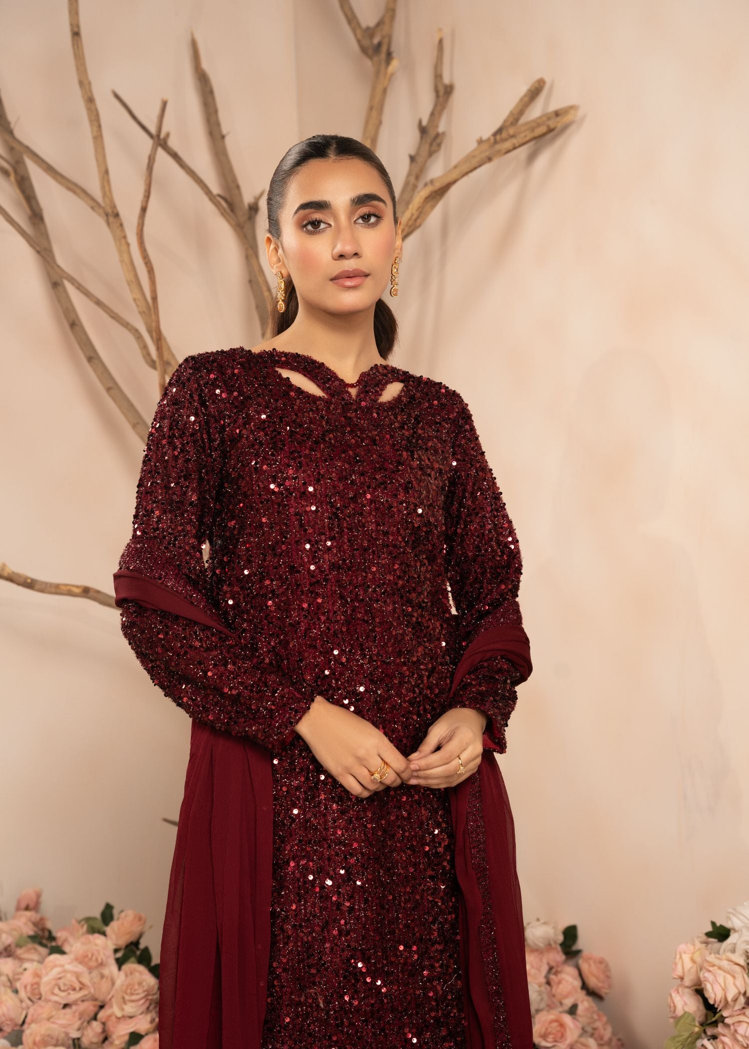 Pakistani Maroon Sequin Embroidered Net Kurta Set (3-Piece) - Image 5