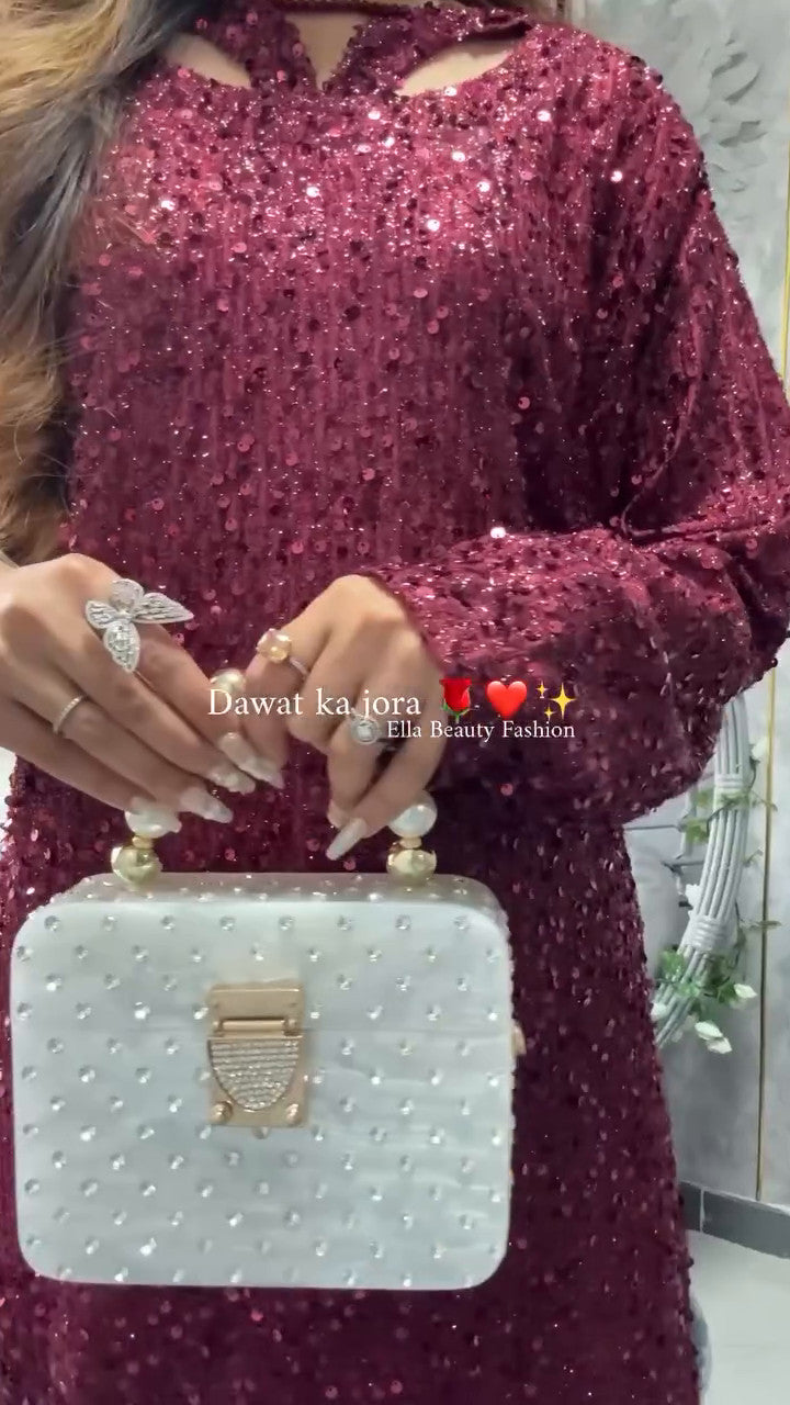 Pakistani Maroon Sequin Embroidered Net Kurta Set (3-Piece) - Image 6