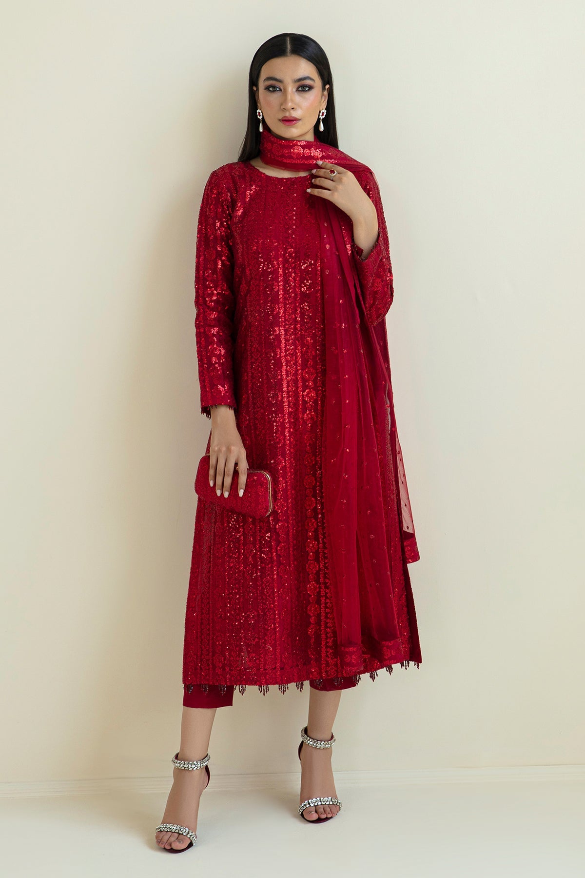 Maroon Sequinned Net Salwar Kameez (3-Piece) - Image 1