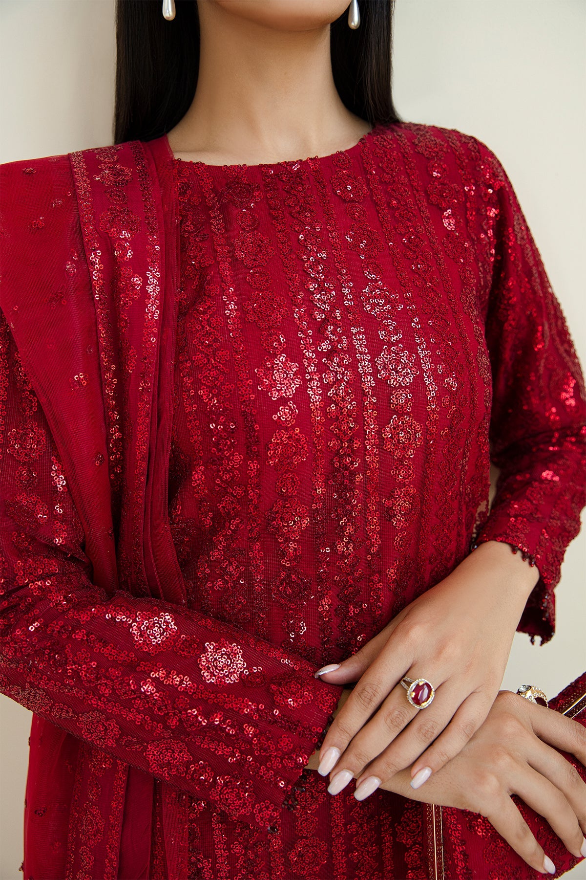 Maroon Sequinned Net Salwar Kameez (3-Piece) - Image 3