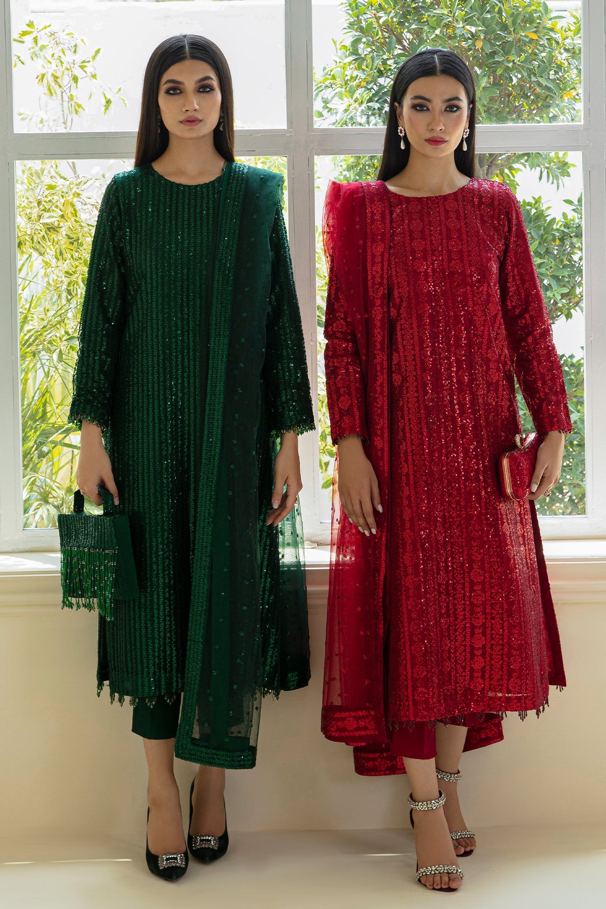 Maroon Sequinned Net Salwar Kameez (3-Piece) - Image 5