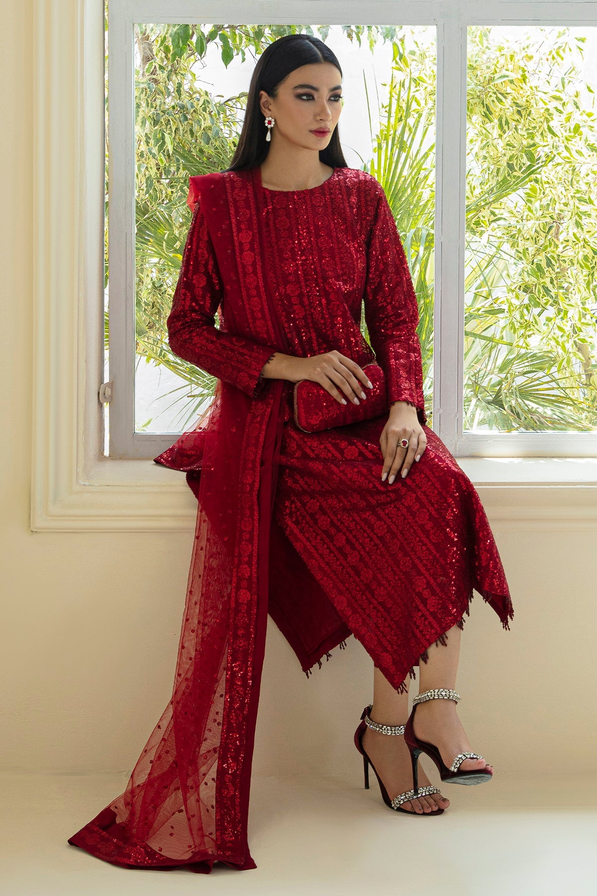 Maroon Sequinned Net Salwar Kameez (3-Piece) - Image 8