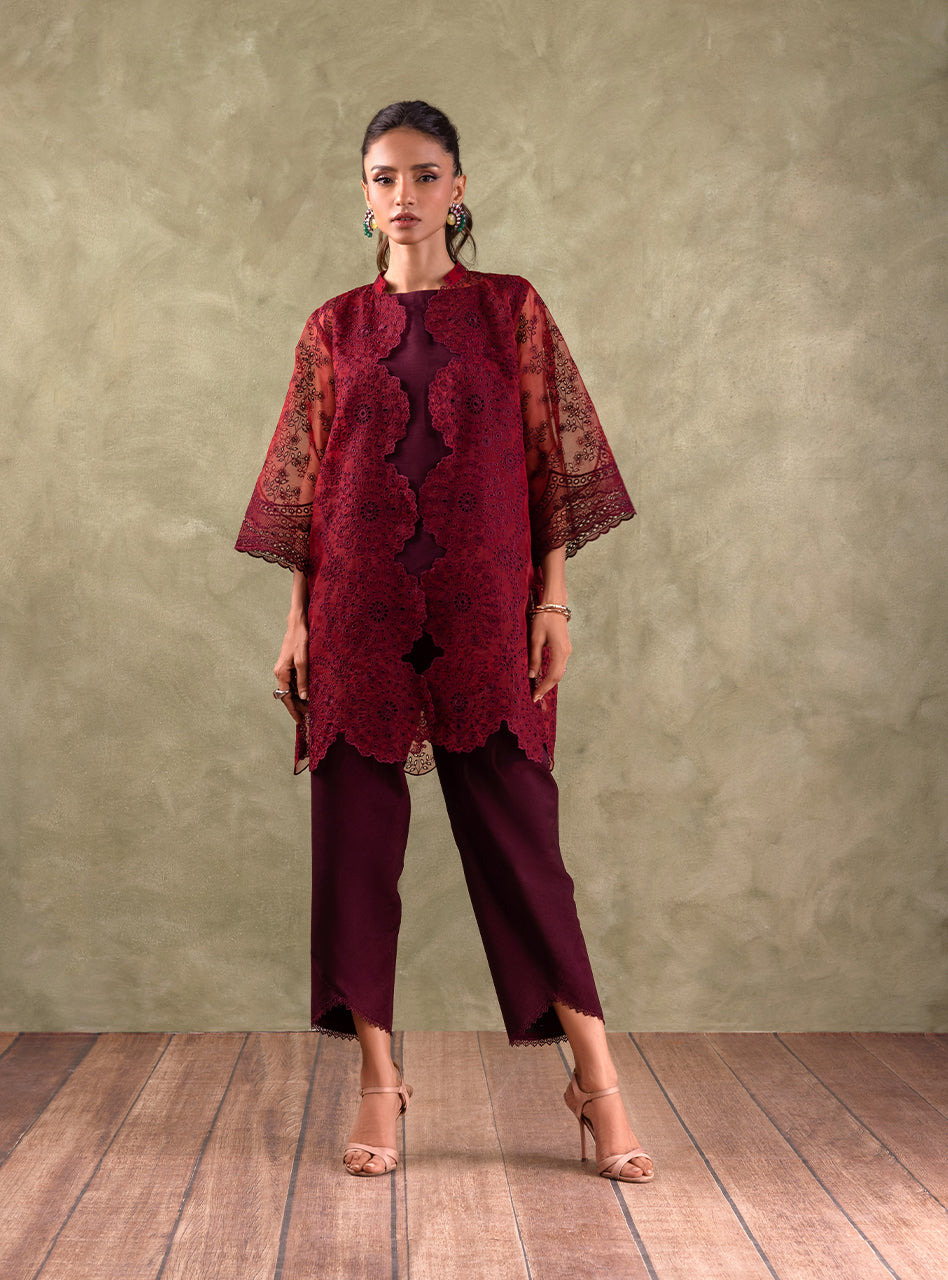 Maroon Chikankari Organza Coat 3-Piece Set - Image 1