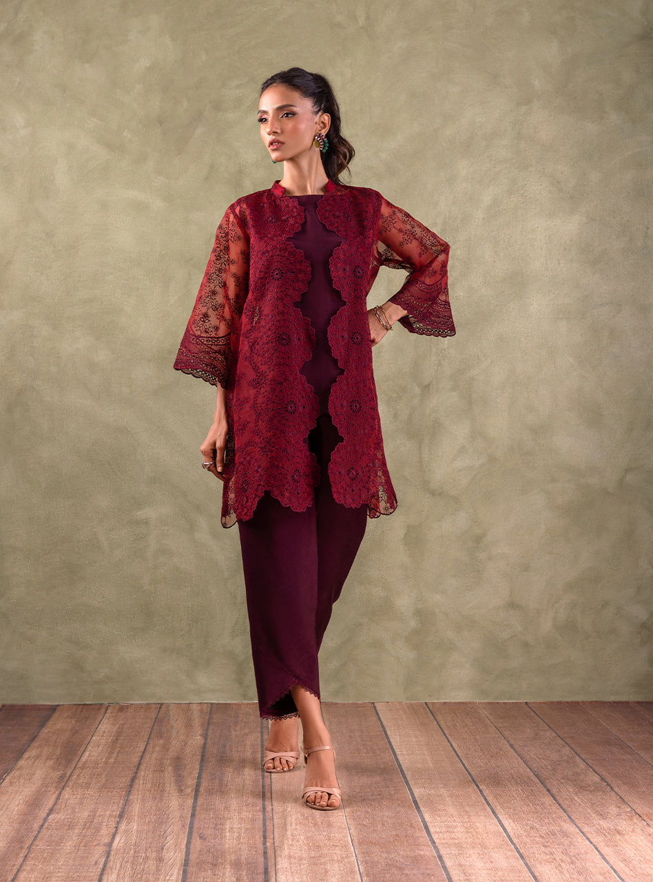 Maroon Chikankari Organza Coat 3-Piece Set - Image 2