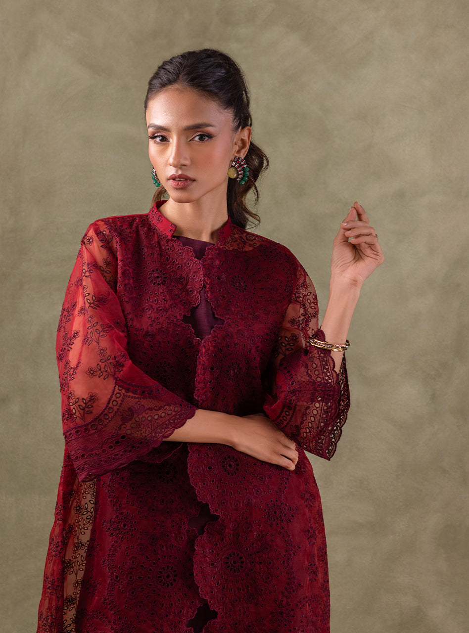 Maroon Chikankari Organza Coat 3-Piece Set - Image 4