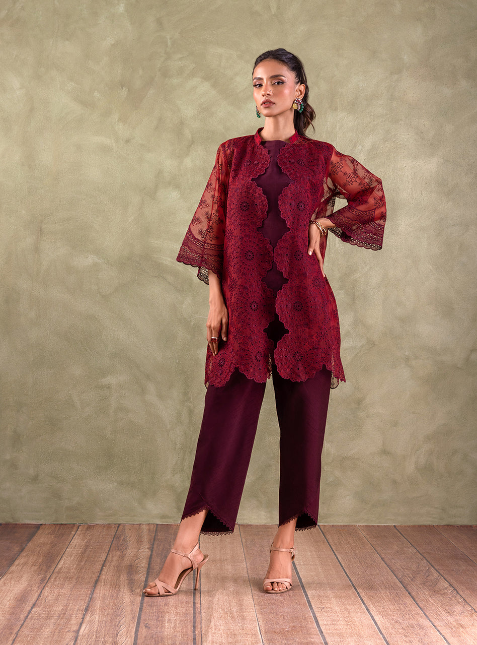 Maroon Chikankari Organza Coat 3-Piece Set - Image 5